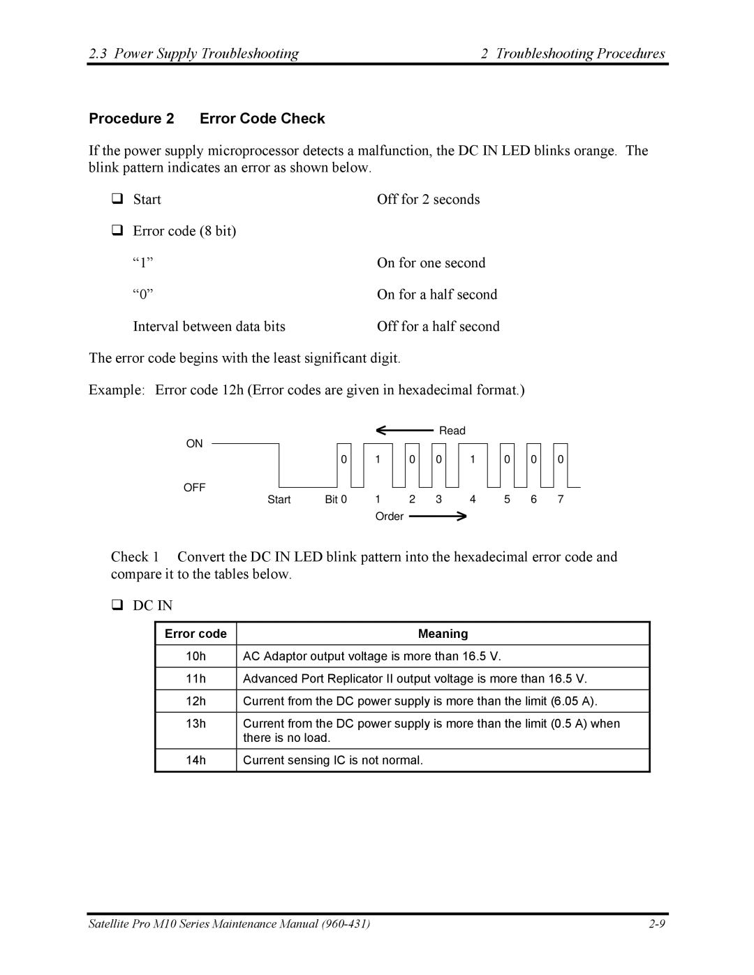 Toshiba M10 manual Procedure 2 Error Code Check, Error code Meaning 