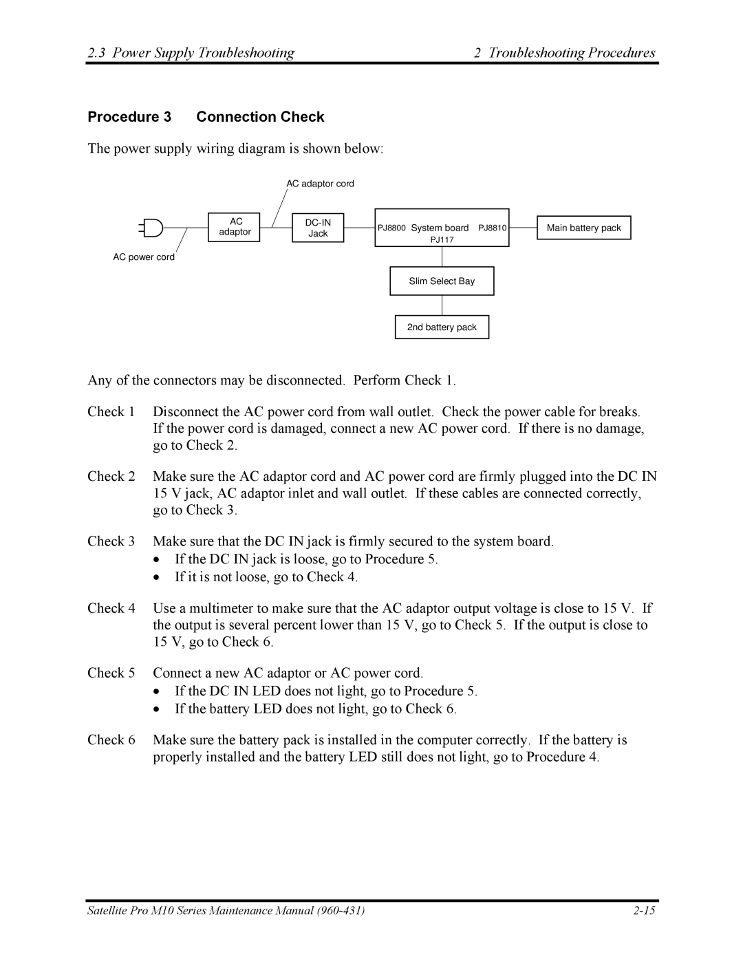 Toshiba M10 manual Procedure 3 Connection Check, Power supply wiring diagram is shown below 