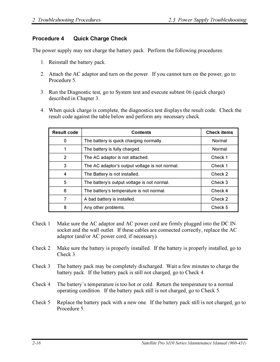 Toshiba M10 manual Procedure 4 Quick Charge Check, Result code Contents Check items 