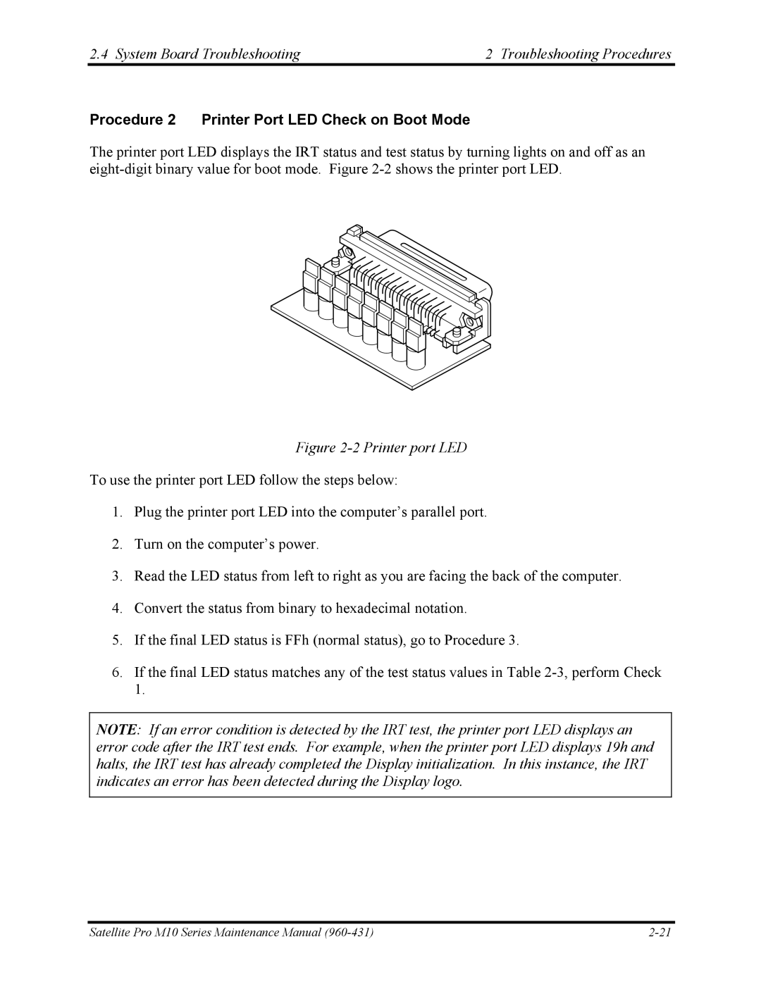 Toshiba M10 manual Procedure 2 Printer Port LED Check on Boot Mode, Printer port LED 