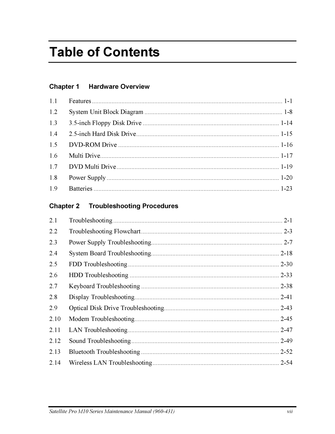 Toshiba M10 manual Table of Contents 