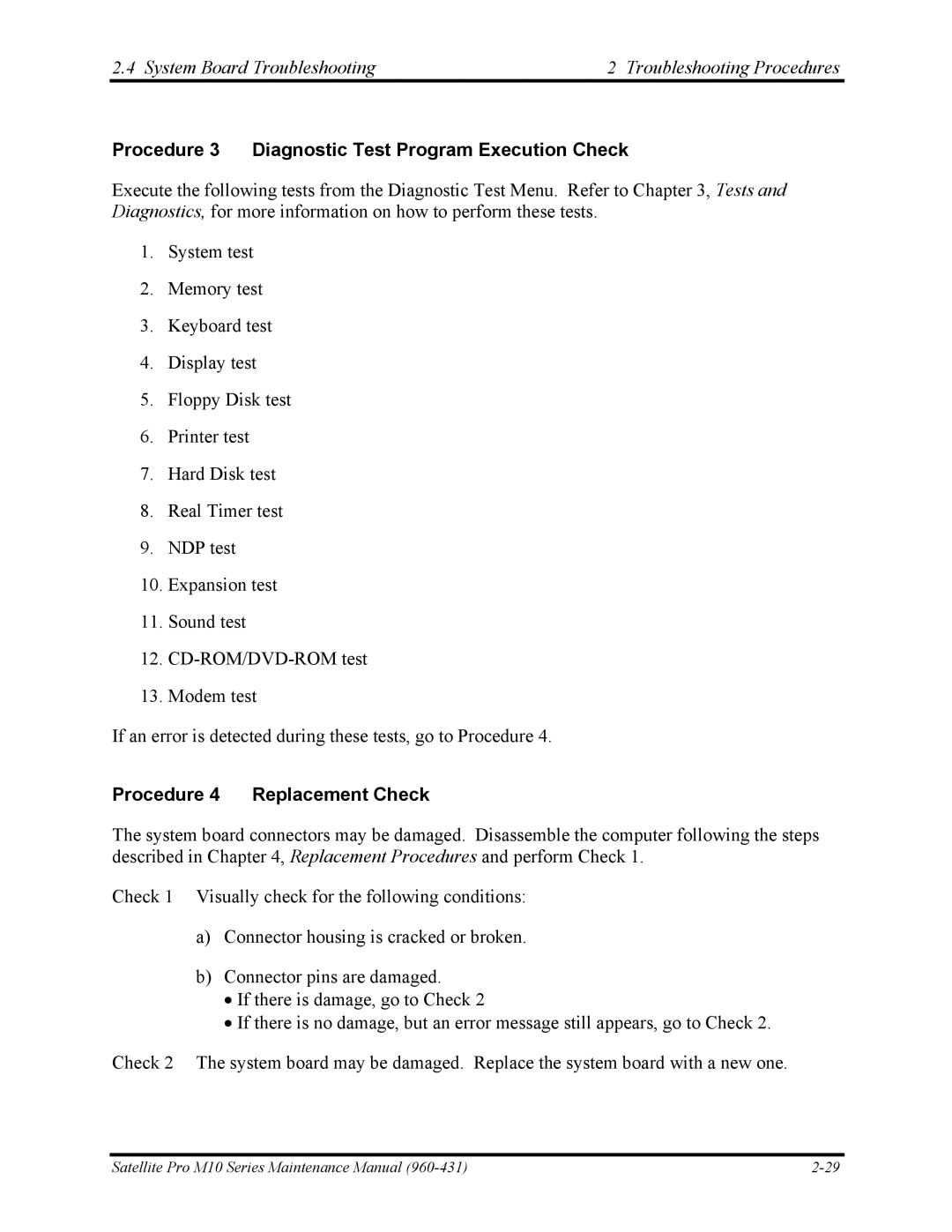 Toshiba M10 manual Procedure 3 Diagnostic Test Program Execution Check, Procedure 4 Replacement Check 