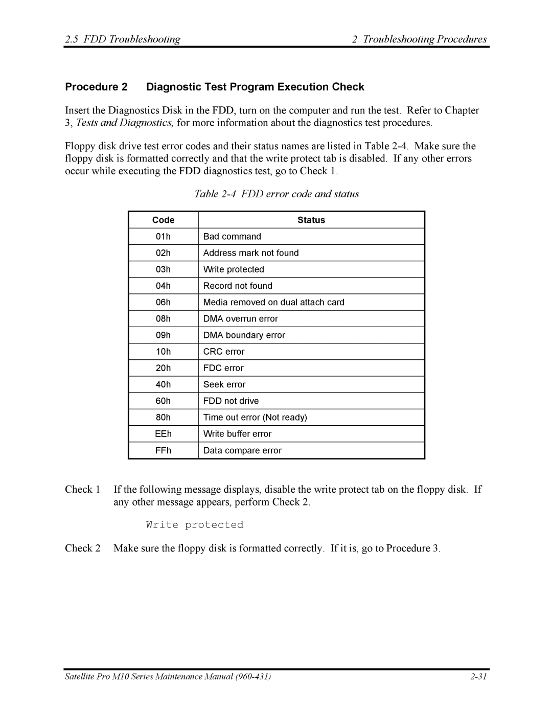 Toshiba M10 manual FDD Troubleshooting Troubleshooting Procedures, Procedure 2 Diagnostic Test Program Execution Check 