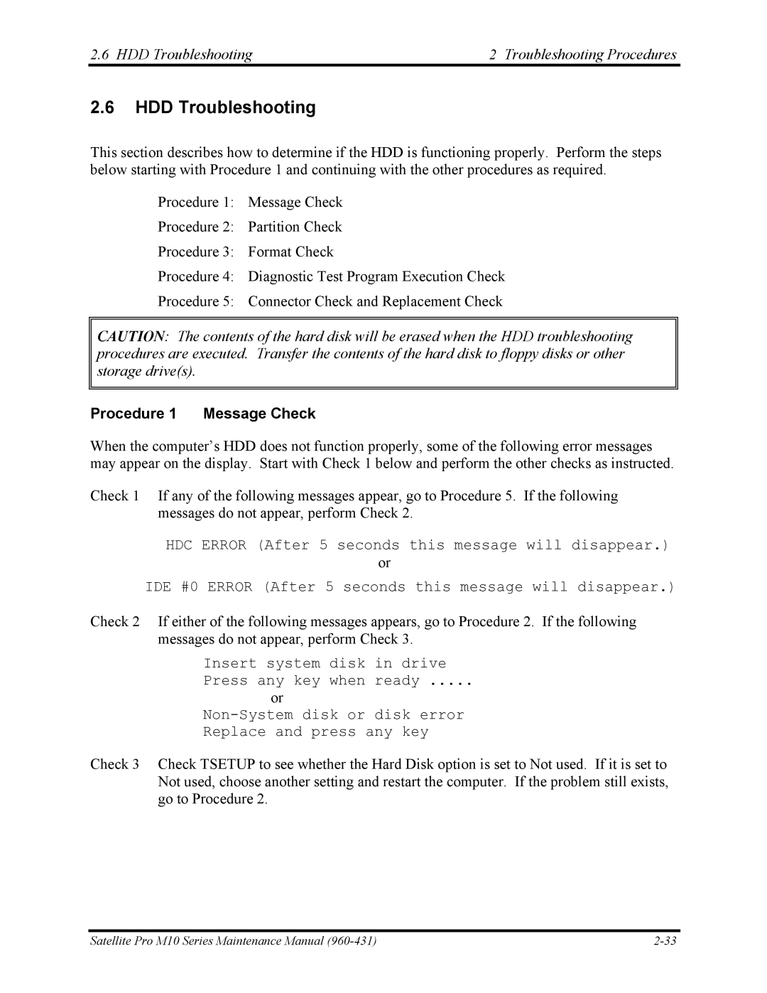 Toshiba M10 manual HDD Troubleshooting Troubleshooting Procedures 