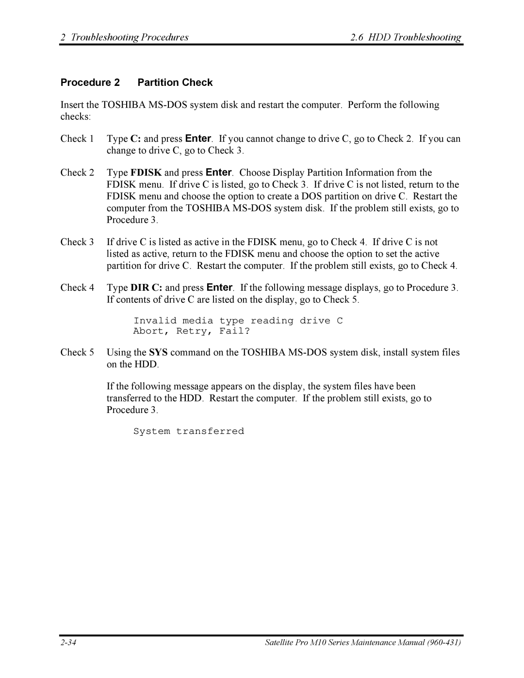 Toshiba M10 manual Troubleshooting Procedures HDD Troubleshooting, Procedure 2 Partition Check 