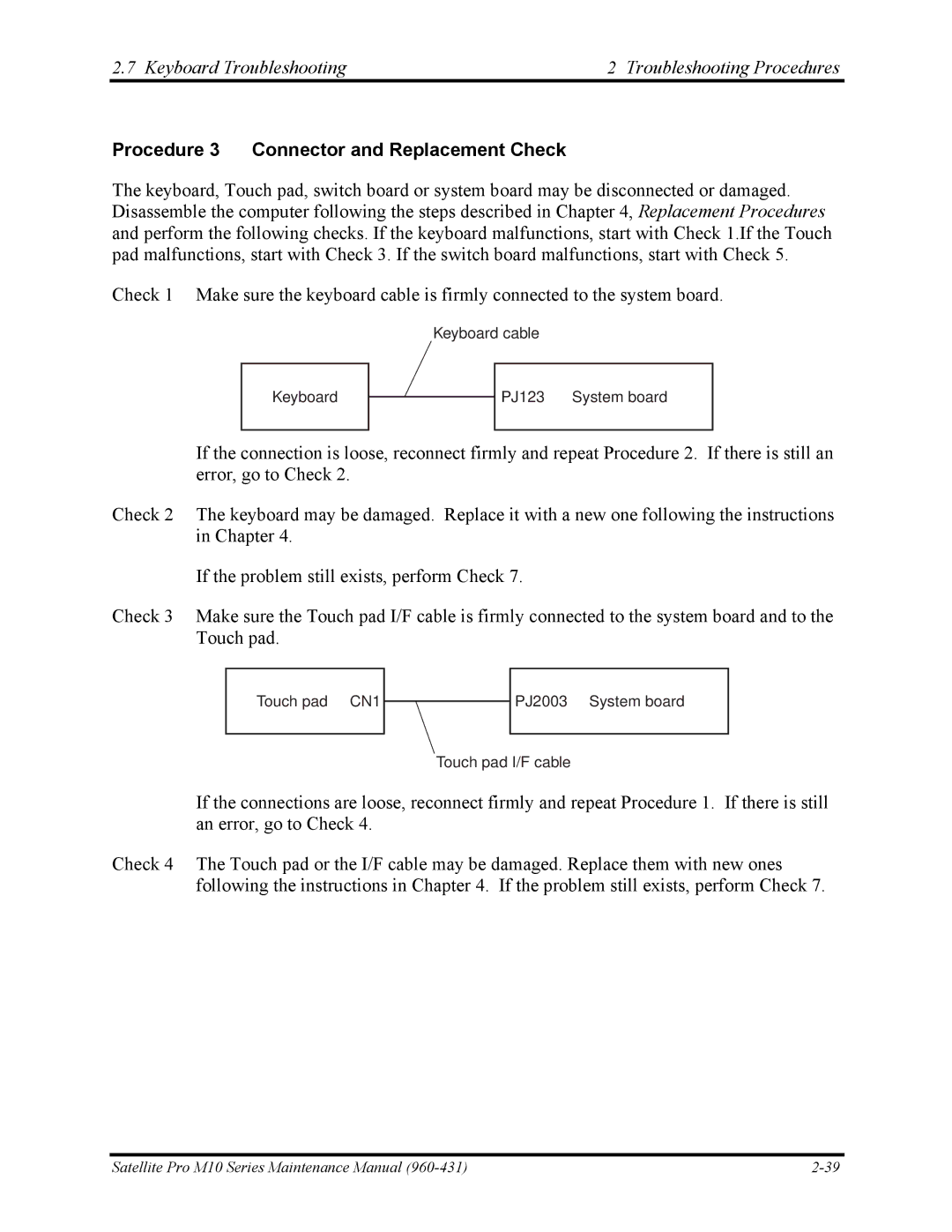 Toshiba M10 manual Keyboard Troubleshooting Troubleshooting Procedures, Procedure 3 Connector and Replacement Check 