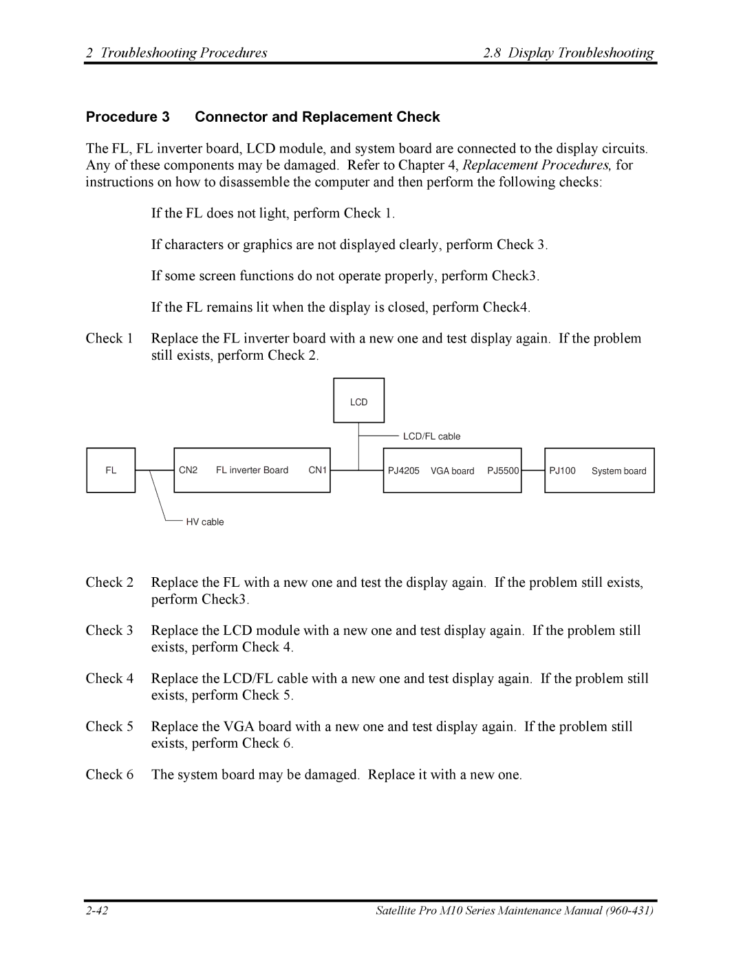 Toshiba M10 manual Troubleshooting Procedures Display Troubleshooting, Procedure 3 Connector and Replacement Check 