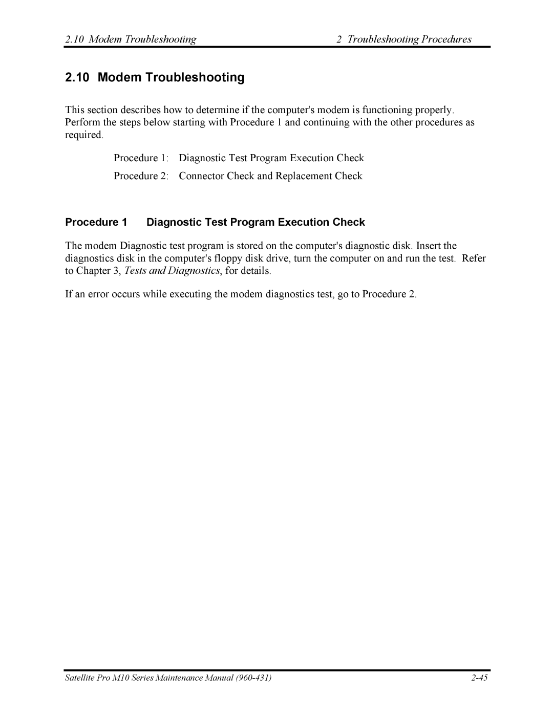 Toshiba M10 Modem Troubleshooting Troubleshooting Procedures, Procedure 1 Diagnostic Test Program Execution Check 