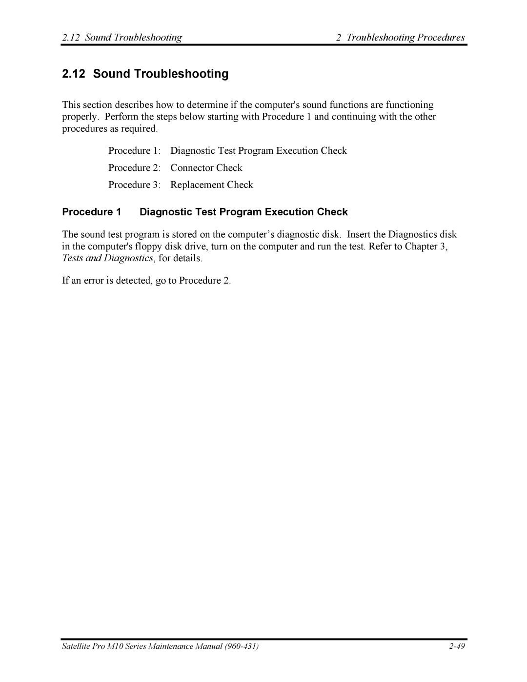 Toshiba M10 manual Sound Troubleshooting Troubleshooting Procedures 