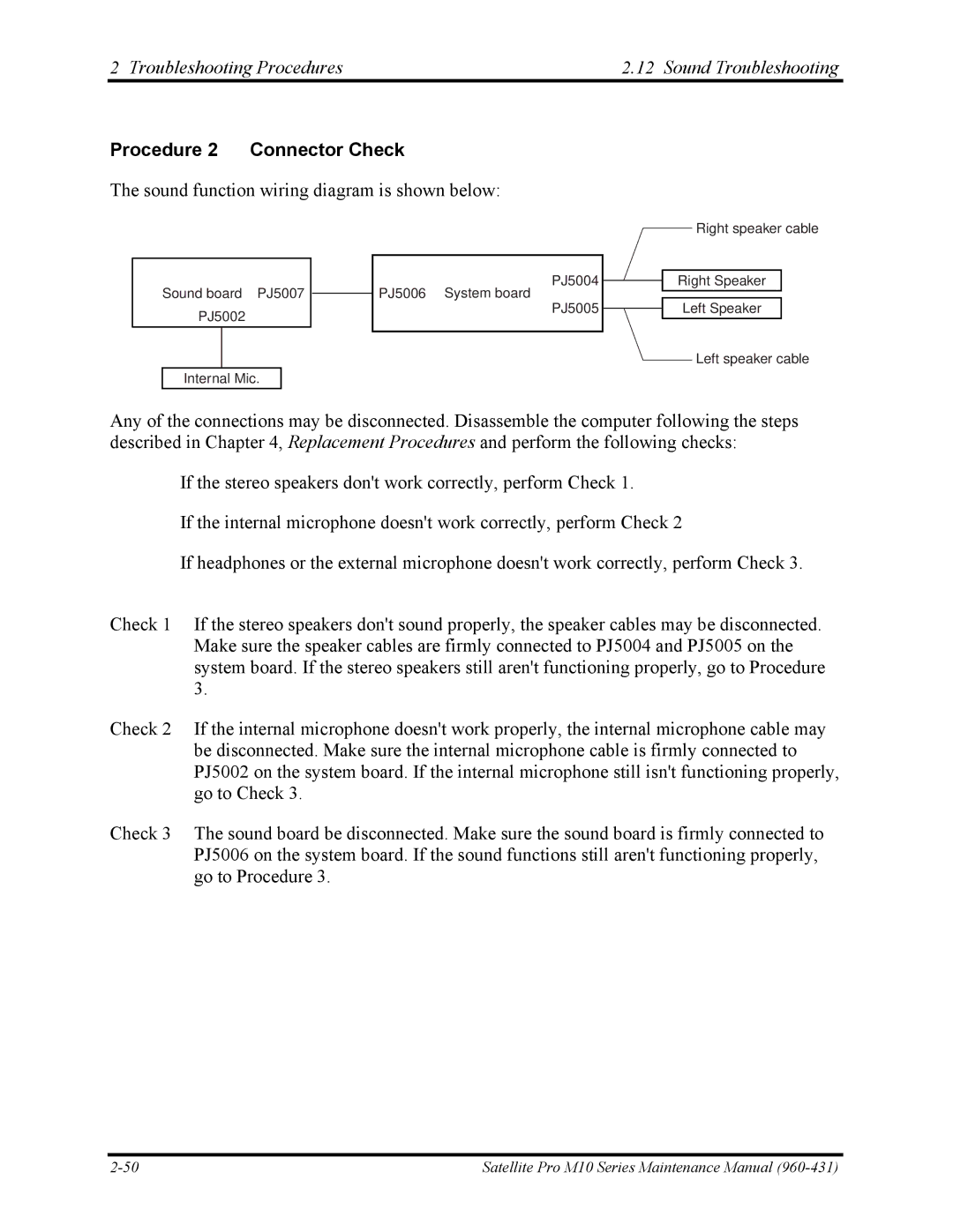 Toshiba M10 manual Troubleshooting Procedures Sound Troubleshooting, Procedure 2 Connector Check 