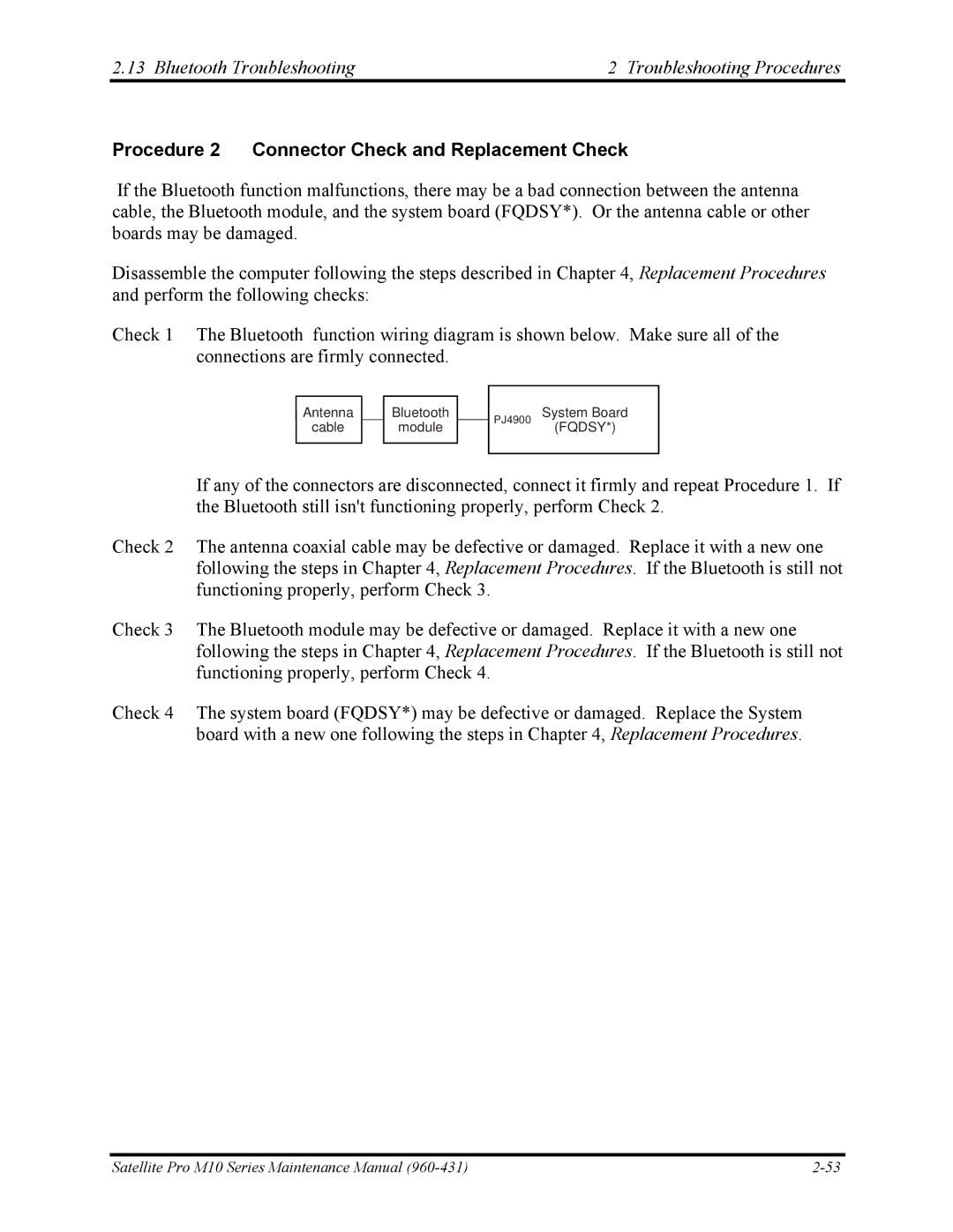 Toshiba M10 manual Bluetooth Troubleshooting Troubleshooting Procedures, Procedure 2 Connector Check and Replacement Check 