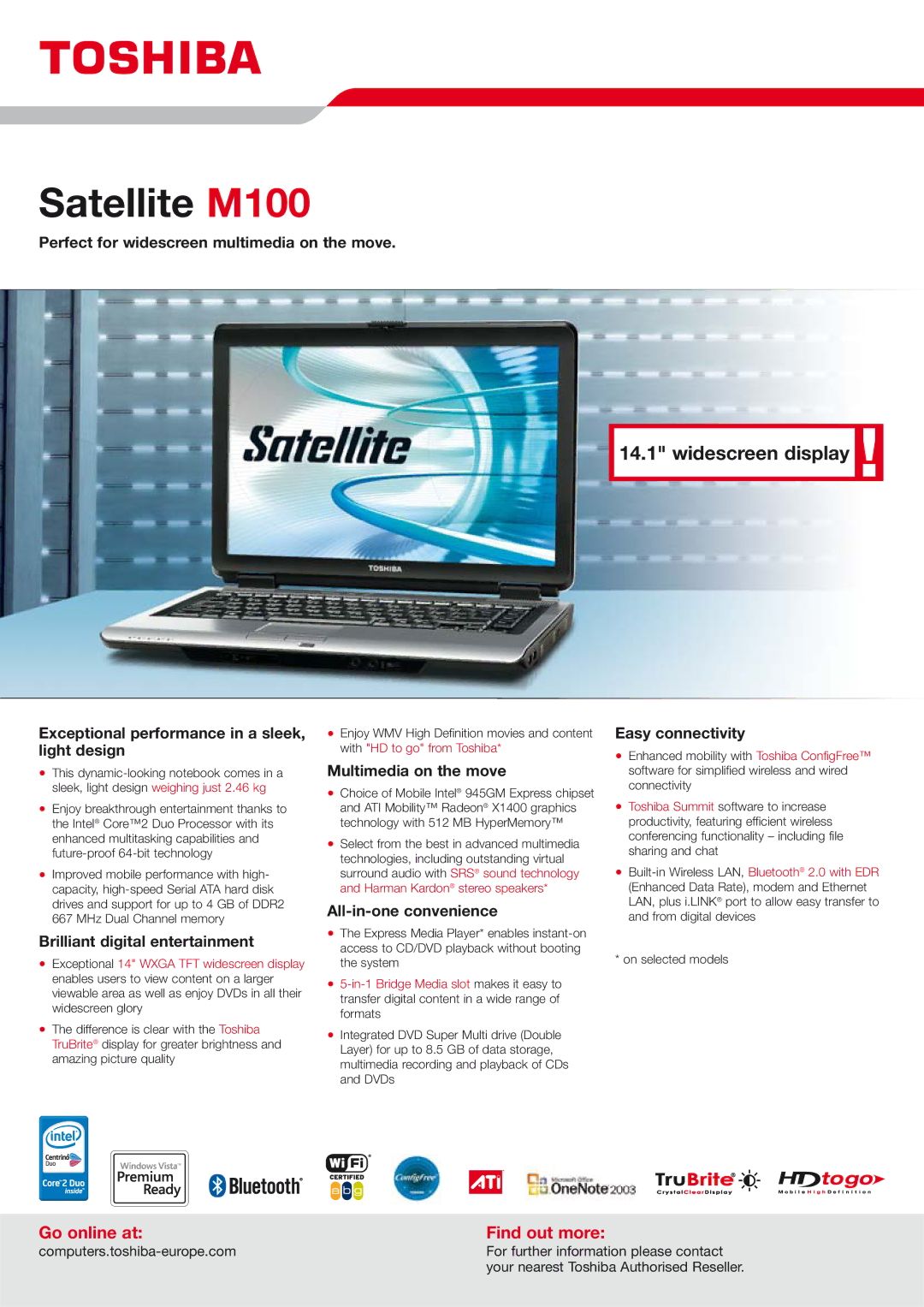 Toshiba M100 manual Perfect for widescreen multimedia on the move, Exceptional performance in a sleek, light design 