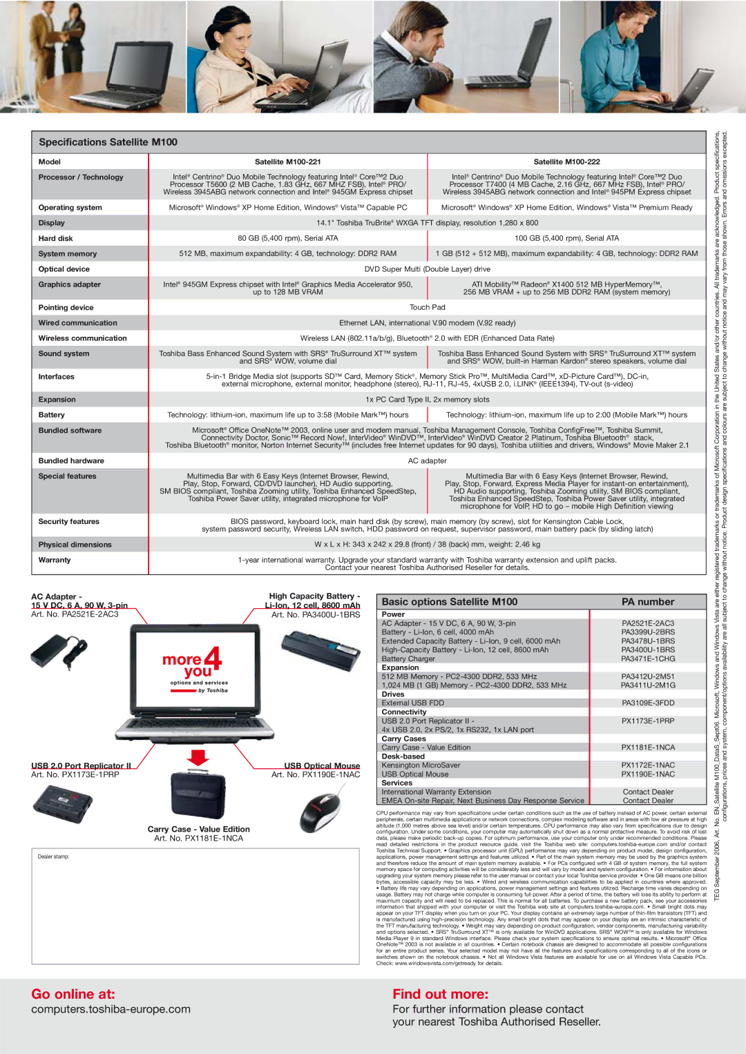 Toshiba M100 Operating system, Display, Hard disk, System memory, Optical device, Graphics adapter, Pointing device, Power 