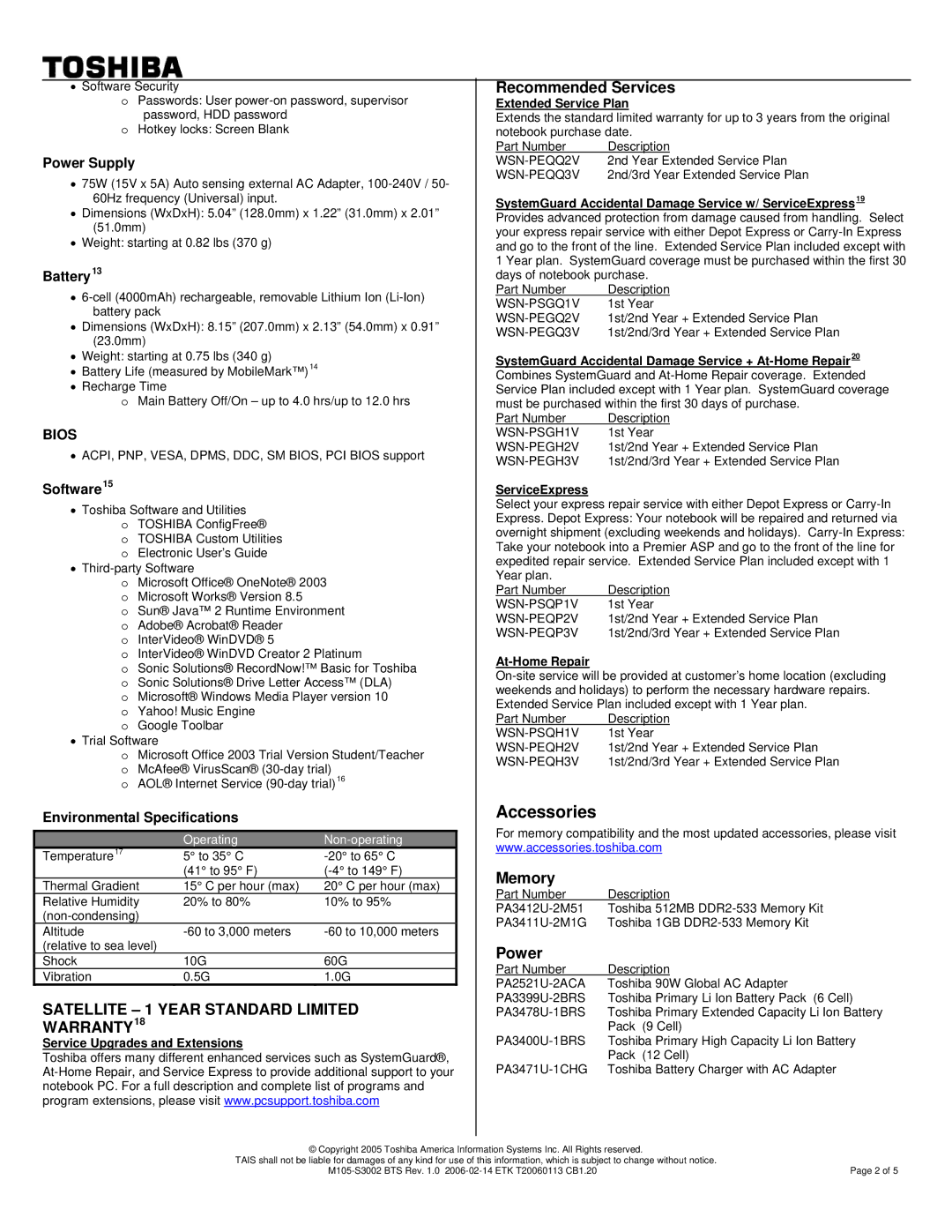 Toshiba M105-S3002 Accessories, Service Upgrades and Extensions, Extended Service Plan, ServiceExpress, At-Home Repair 