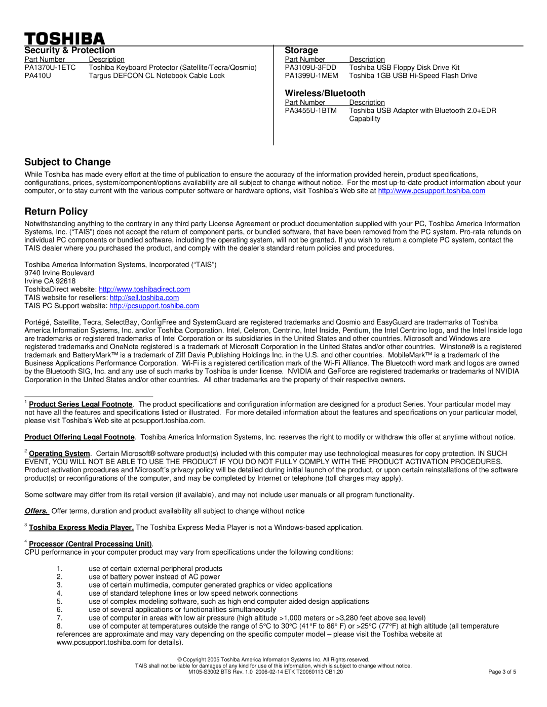 Toshiba M105-S3002 warranty Subject to Change Return Policy, Processor Central Processing Unit 