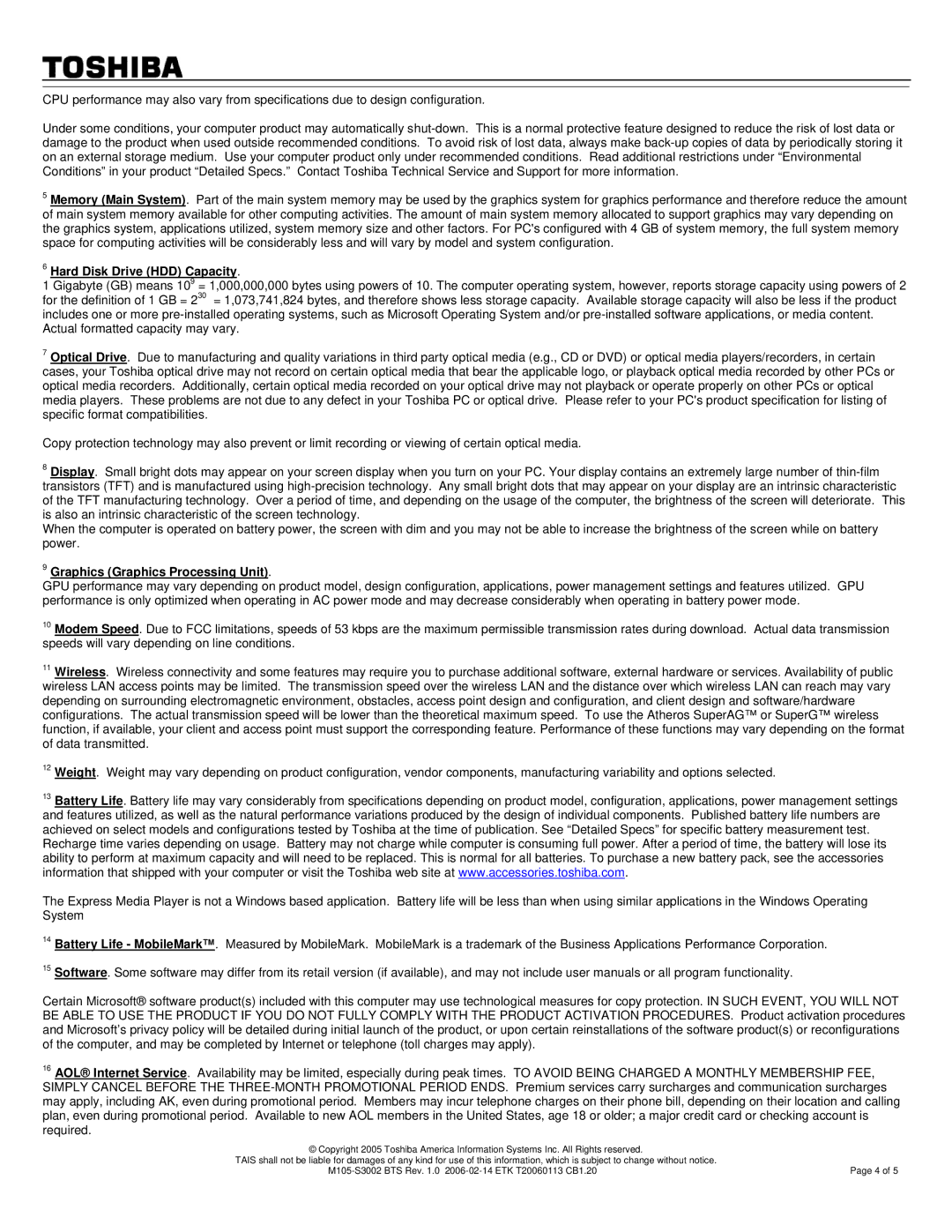 Toshiba M105-S3002 warranty Hard Disk Drive HDD Capacity, Graphics Graphics Processing Unit 