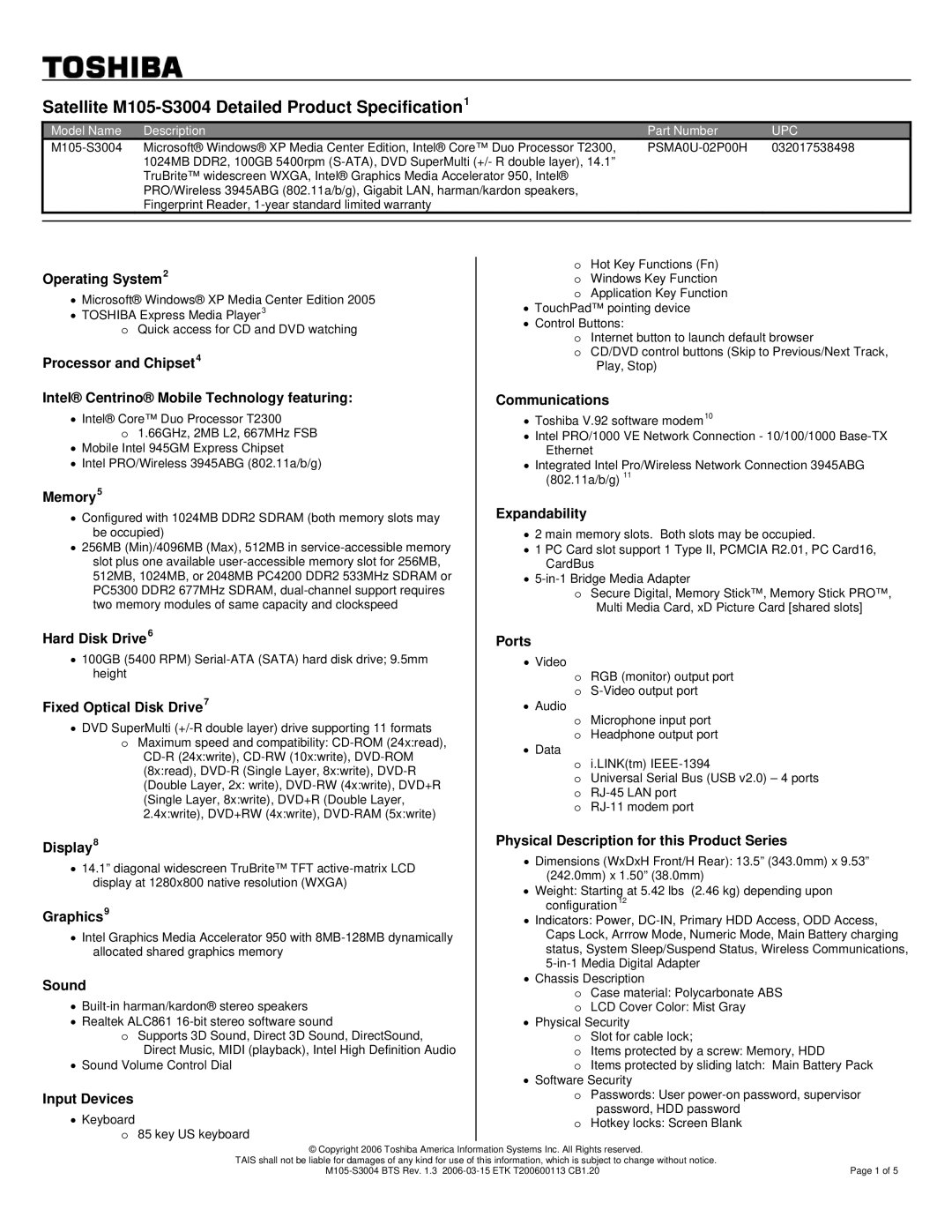 Toshiba warranty Satellite M105-S3004 Detailed Product Specification1, Upc 