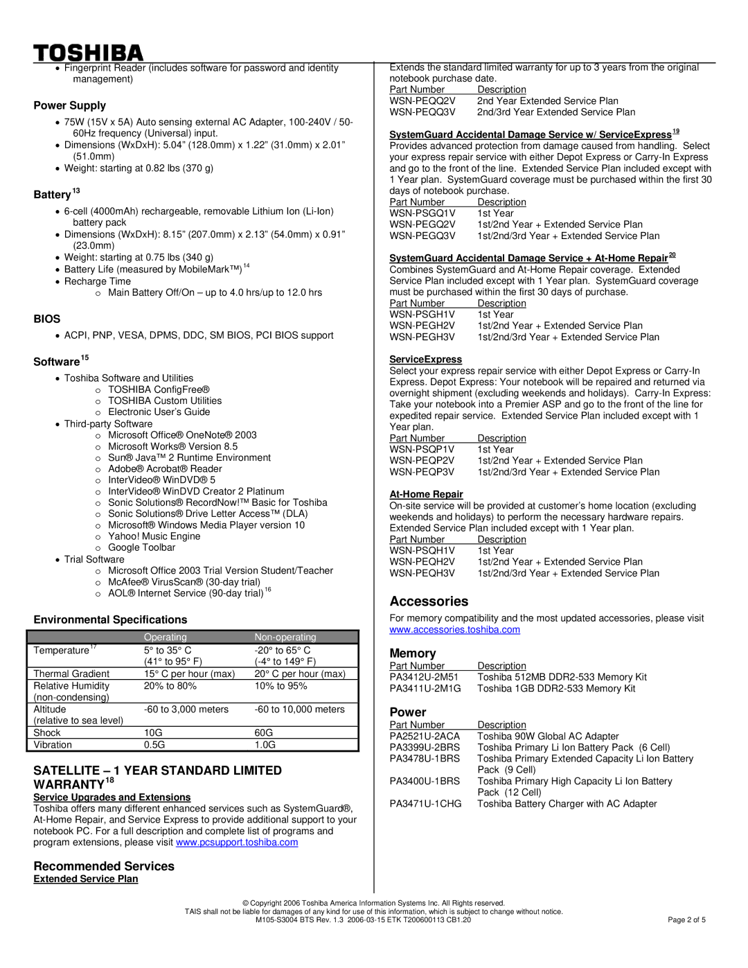 Toshiba M105-S3004 Accessories, Service Upgrades and Extensions, Extended Service Plan, ServiceExpress, At-Home Repair 