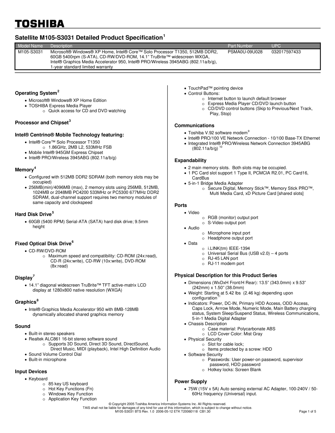 Toshiba warranty Satellite M105-S3031 Detailed Product Specification1, Upc 