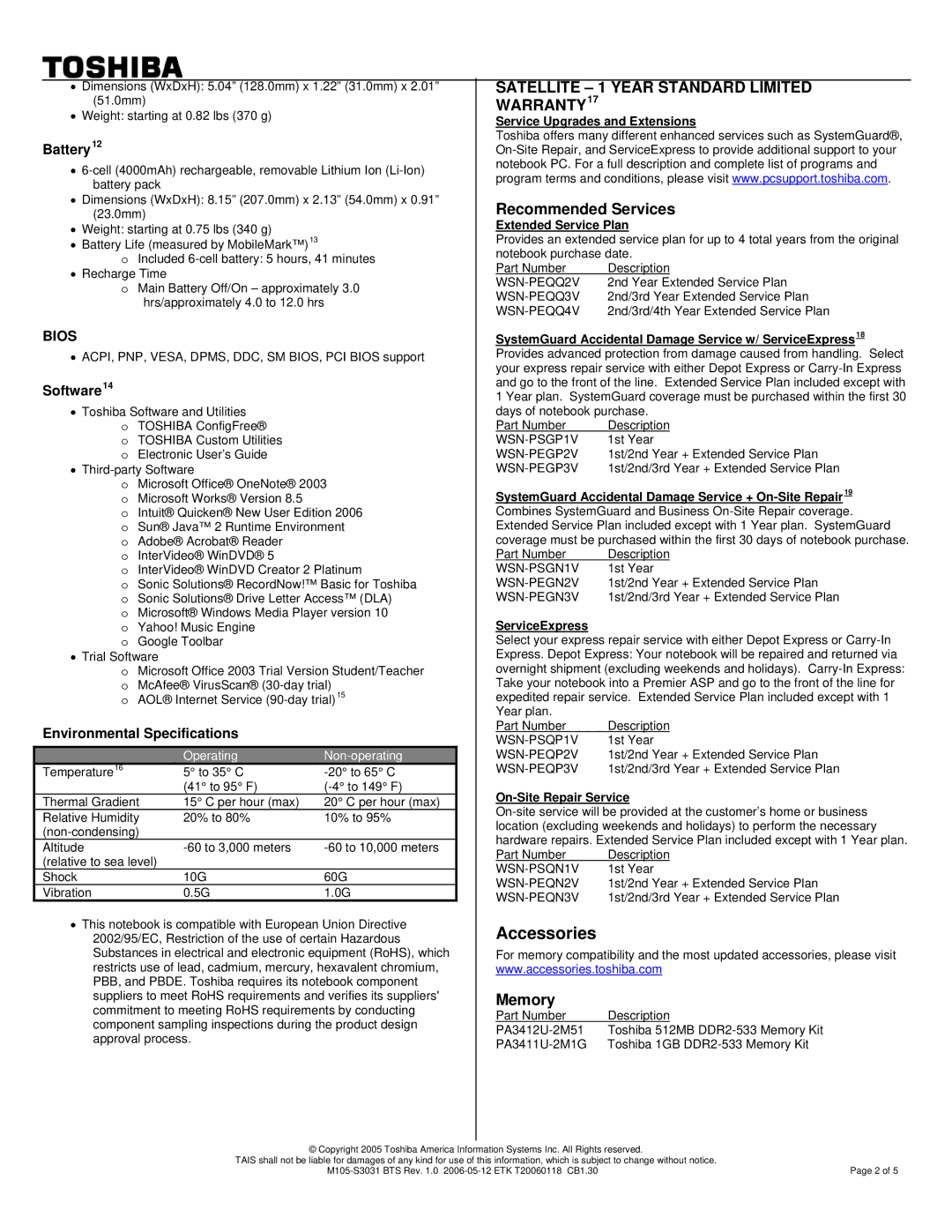 Toshiba M105-S3031 warranty Accessories, Service Upgrades and Extensions, Extended Service Plan, ServiceExpress 