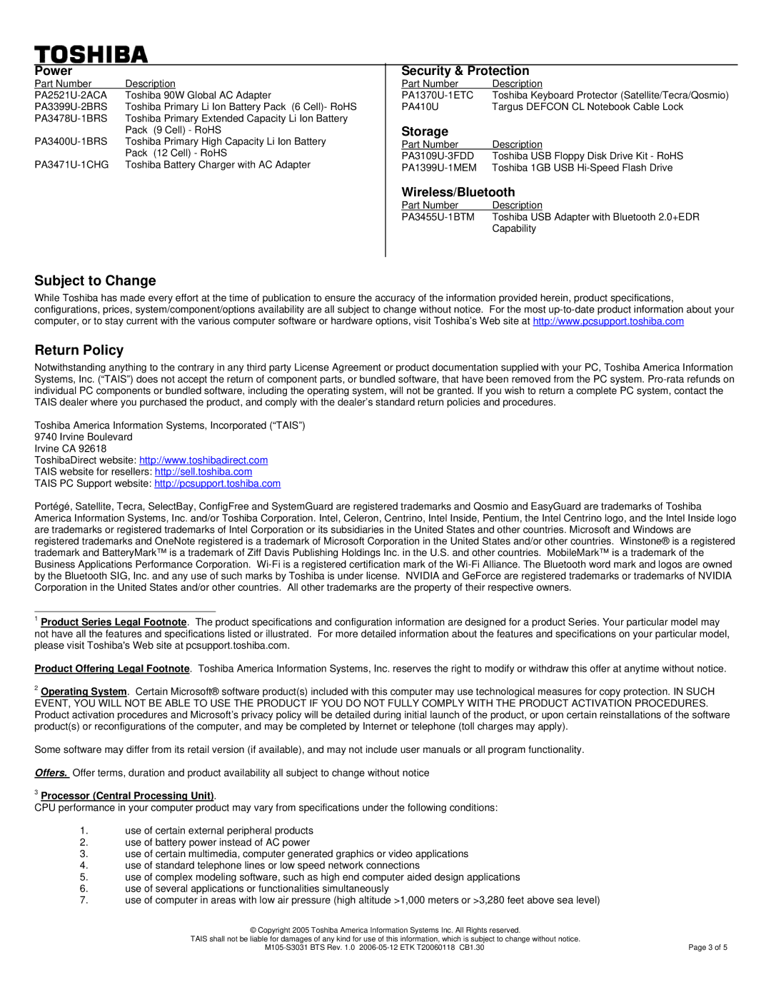 Toshiba M105-S3031 warranty Subject to Change Return Policy, Processor Central Processing Unit 