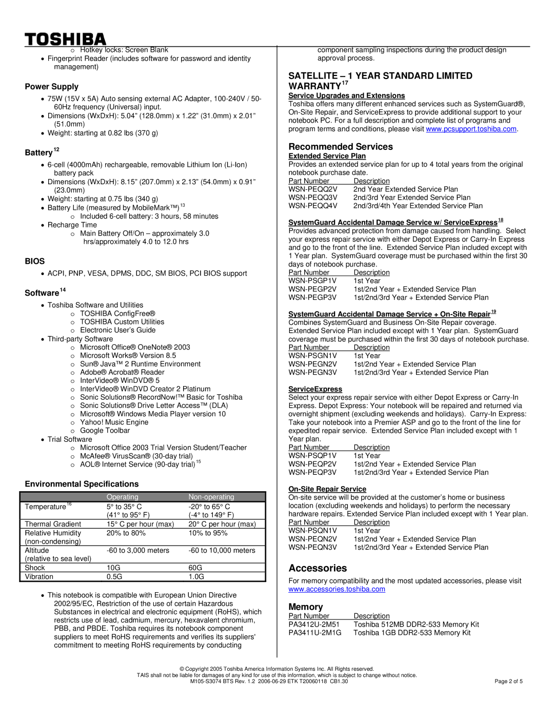 Toshiba M105-S3074 warranty Accessories, Service Upgrades and Extensions, Extended Service Plan, ServiceExpress 