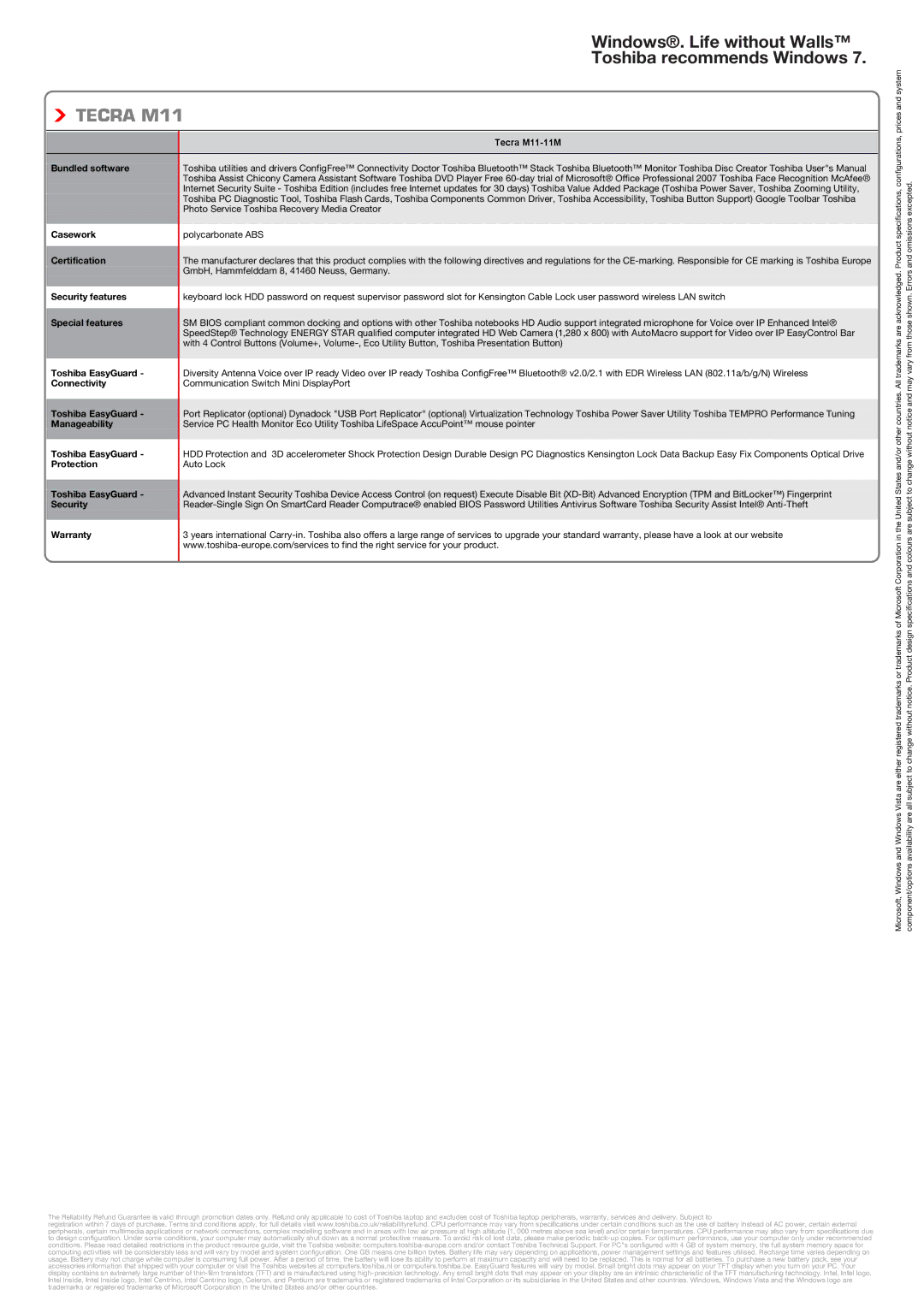 Toshiba M11 Bundled software, Casework, Certification, Security features, Special features, Toshiba EasyGuard, Protection 