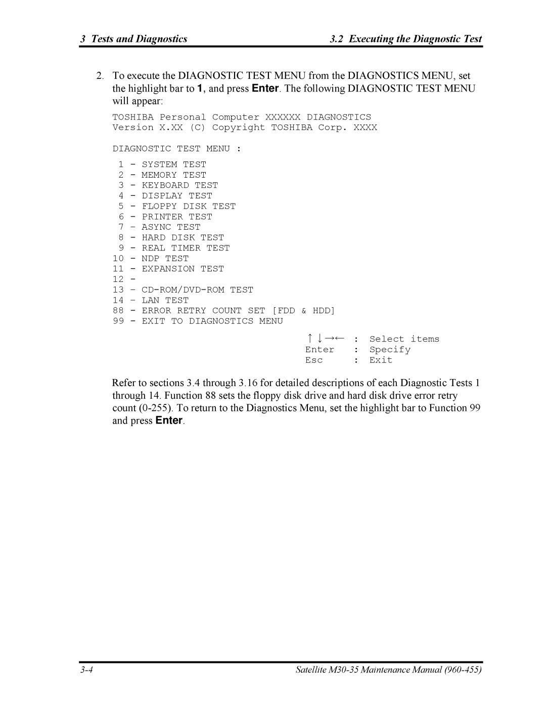 Toshiba M30-35 manual Tests and Diagnostics Executing the Diagnostic Test 