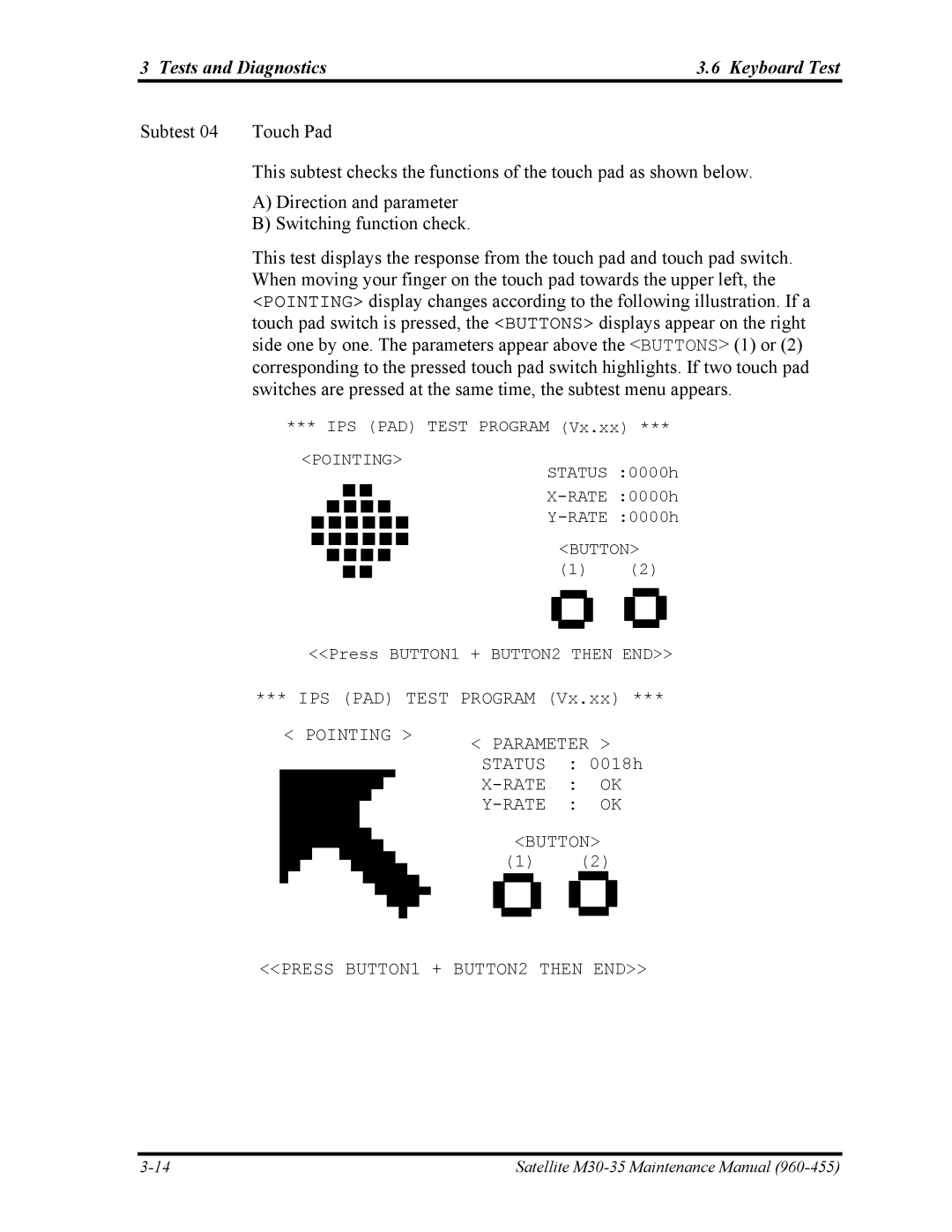 Toshiba M30-35 manual Tests and Diagnostics Keyboard Test Subtest Touch Pad 