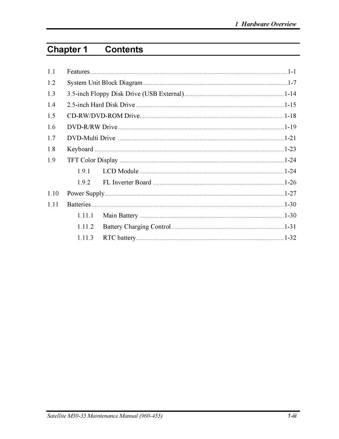 Toshiba M30-35 manual Chapter Contents 