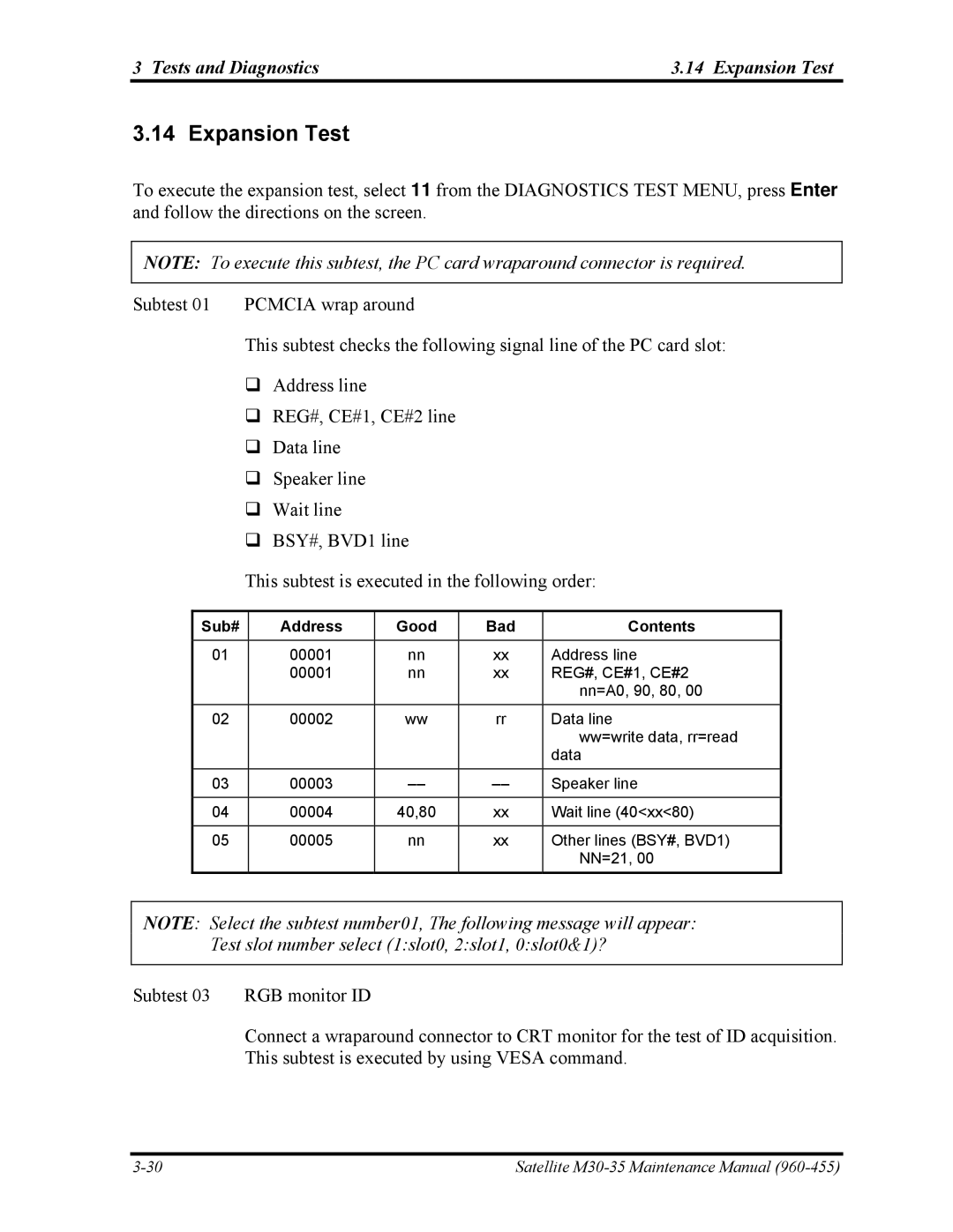 Toshiba M30-35 manual Tests and Diagnostics Expansion Test, Sub# Address Good Bad Contents 