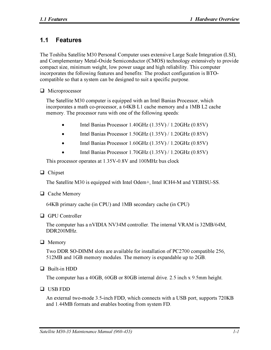 Toshiba M30-35 manual Features Hardware Overview 