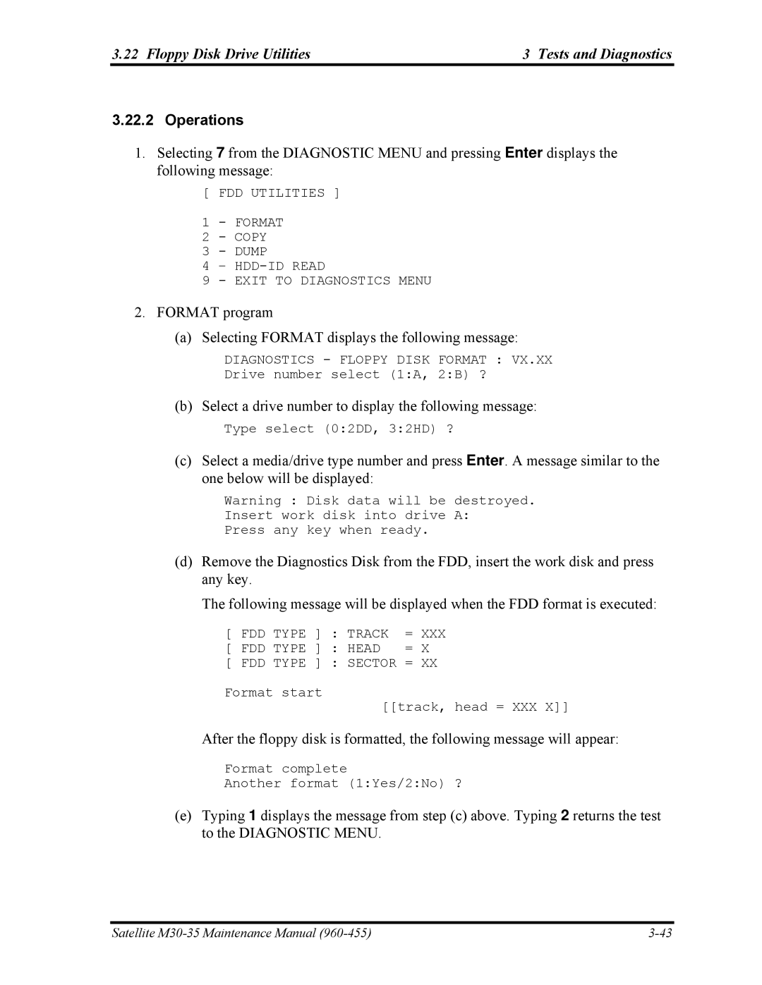 Toshiba M30-35 manual Floppy Disk Drive Utilities Tests and Diagnostics 