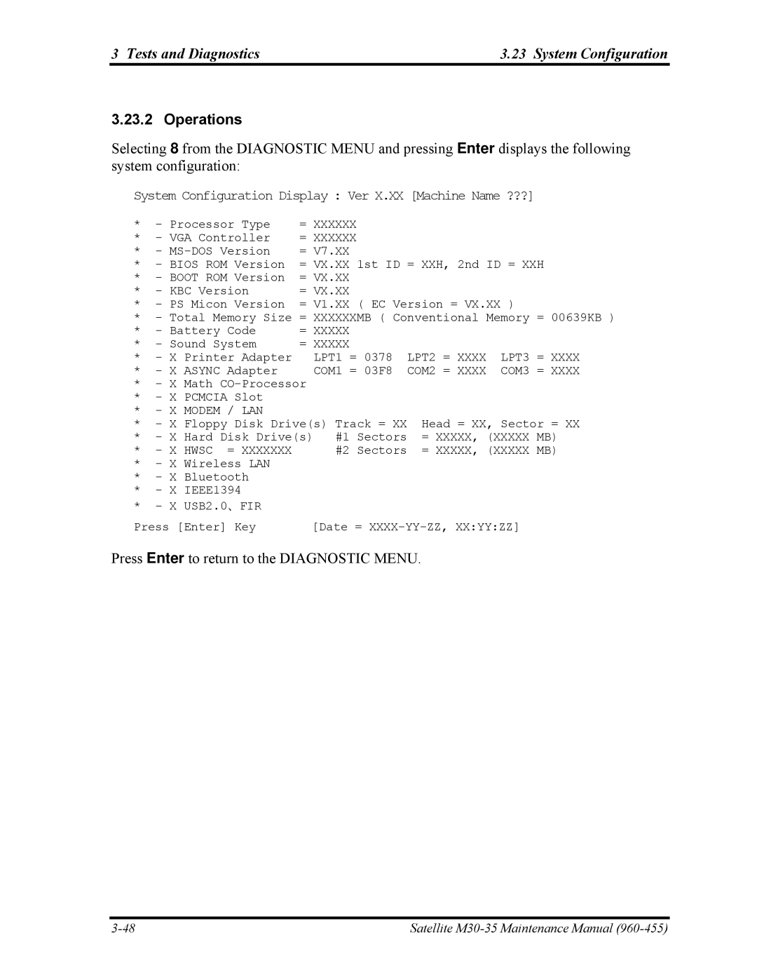 Toshiba M30-35 manual Tests and Diagnostics System Configuration, System Configuration Display Ver X.XX Machine Name ??? 