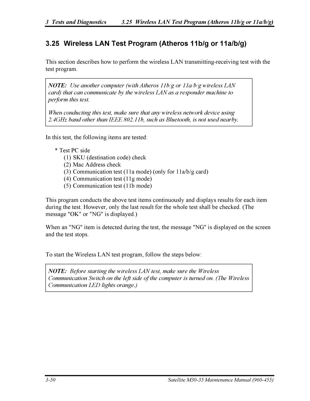 Toshiba M30-35 manual Wireless LAN Test Program Atheros 11b/g or 11a/b/g 