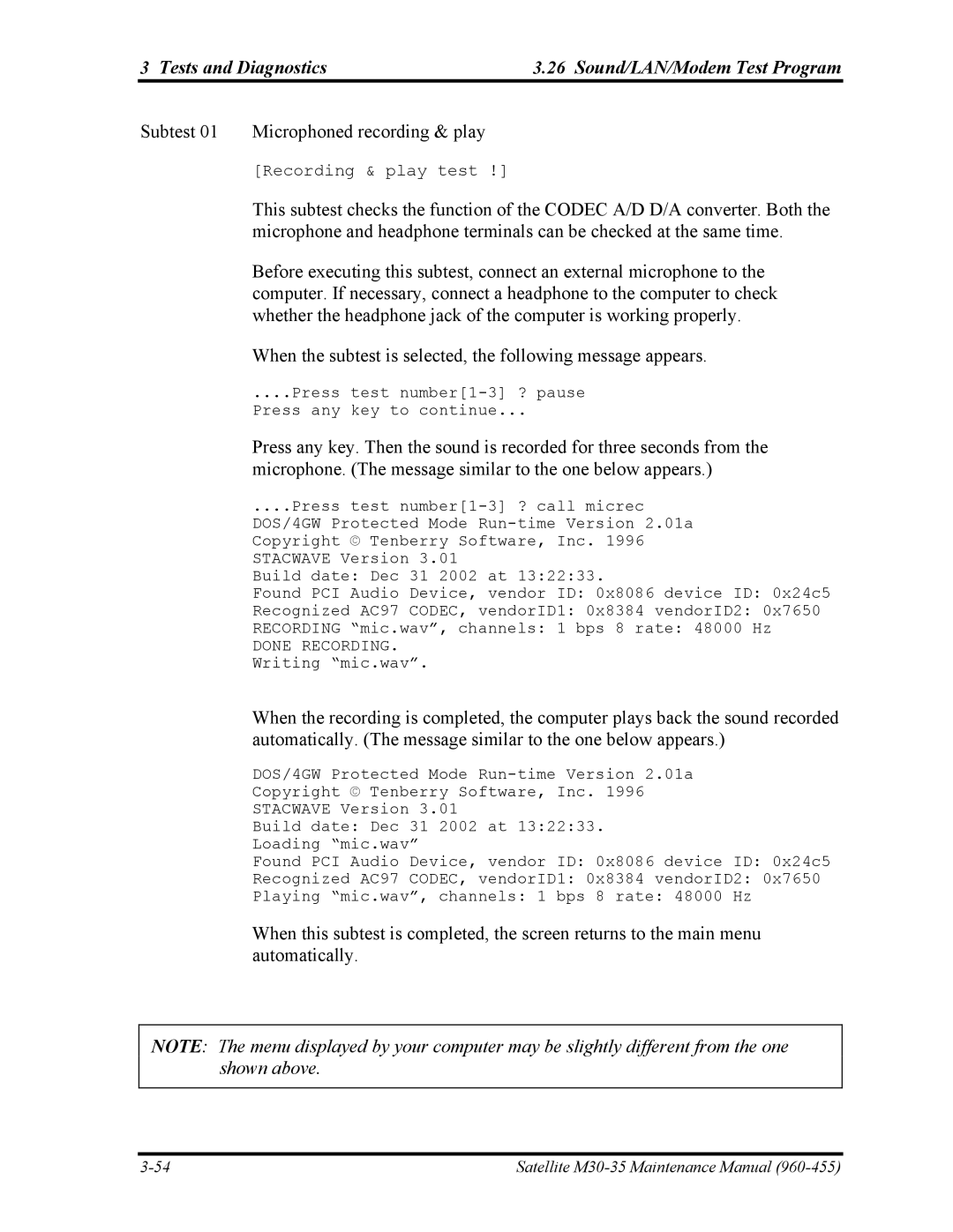 Toshiba M30-35 manual Tests and Diagnostics Sound/LAN/Modem Test Program 