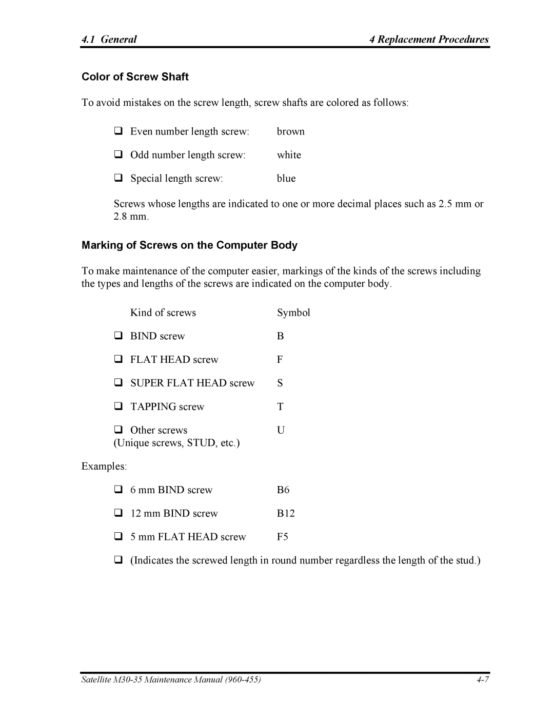Toshiba M30-35 manual Color of Screw Shaft, Marking of Screws on the Computer Body 