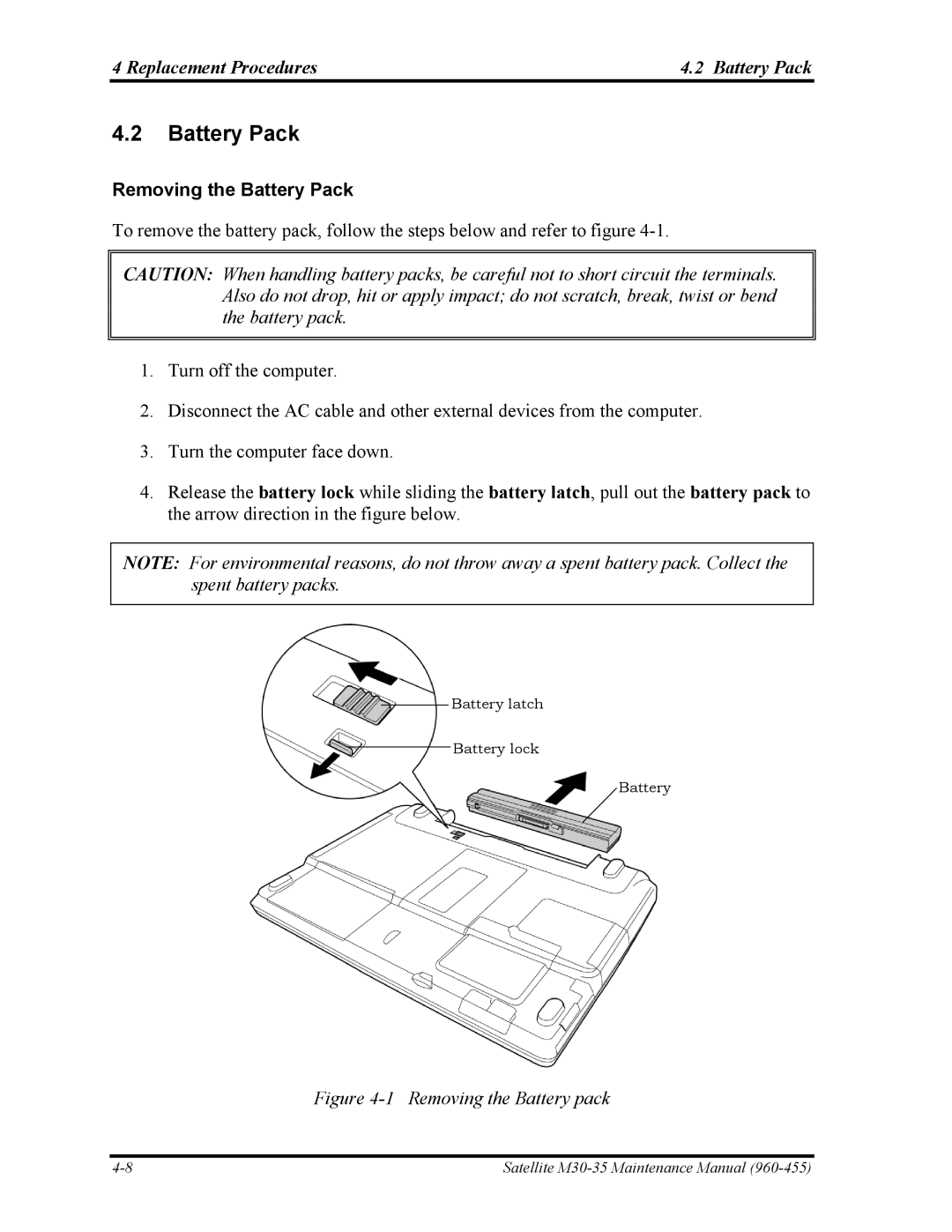 Toshiba M30-35 manual Replacement Procedures Battery Pack, Removing the Battery Pack 