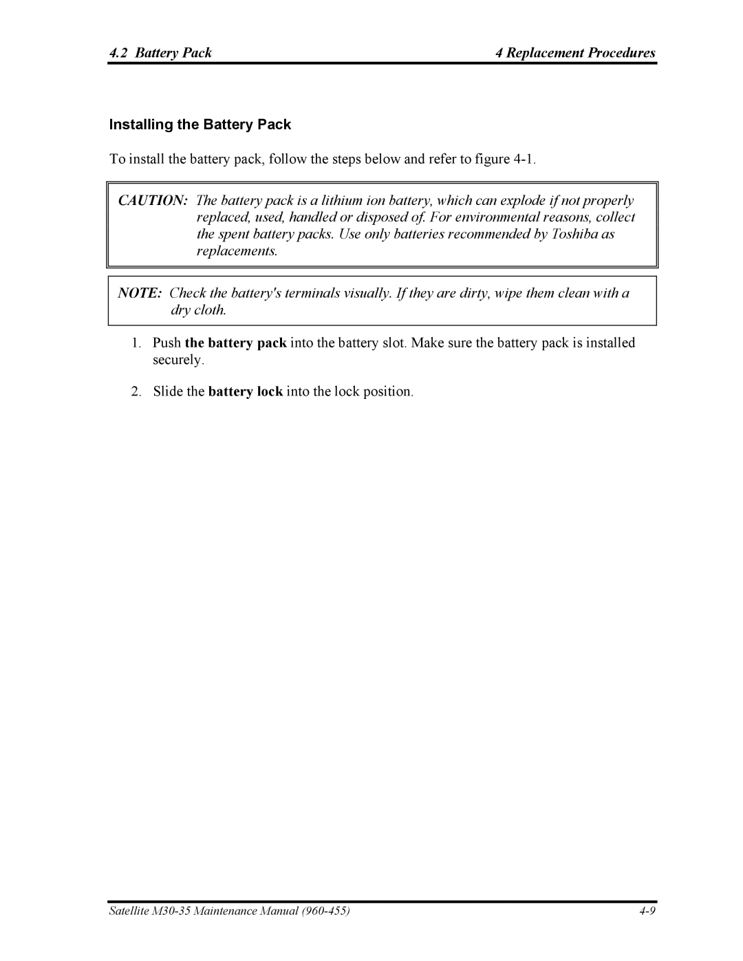 Toshiba M30-35 manual Battery Pack Replacement Procedures, Installing the Battery Pack 