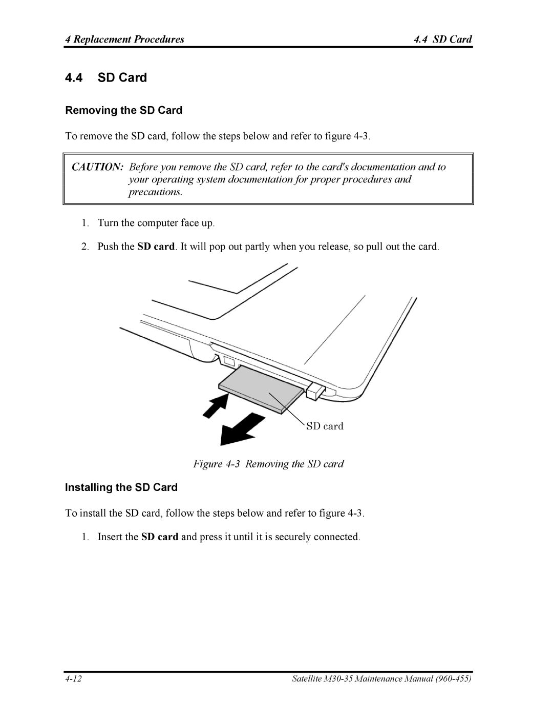 Toshiba M30-35 manual Replacement Procedures SD Card, Removing the SD Card, Installing the SD Card 