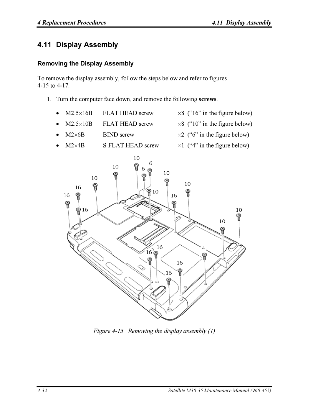 Toshiba M30-35 manual Replacement Procedures Display Assembly, Removing the Display Assembly 