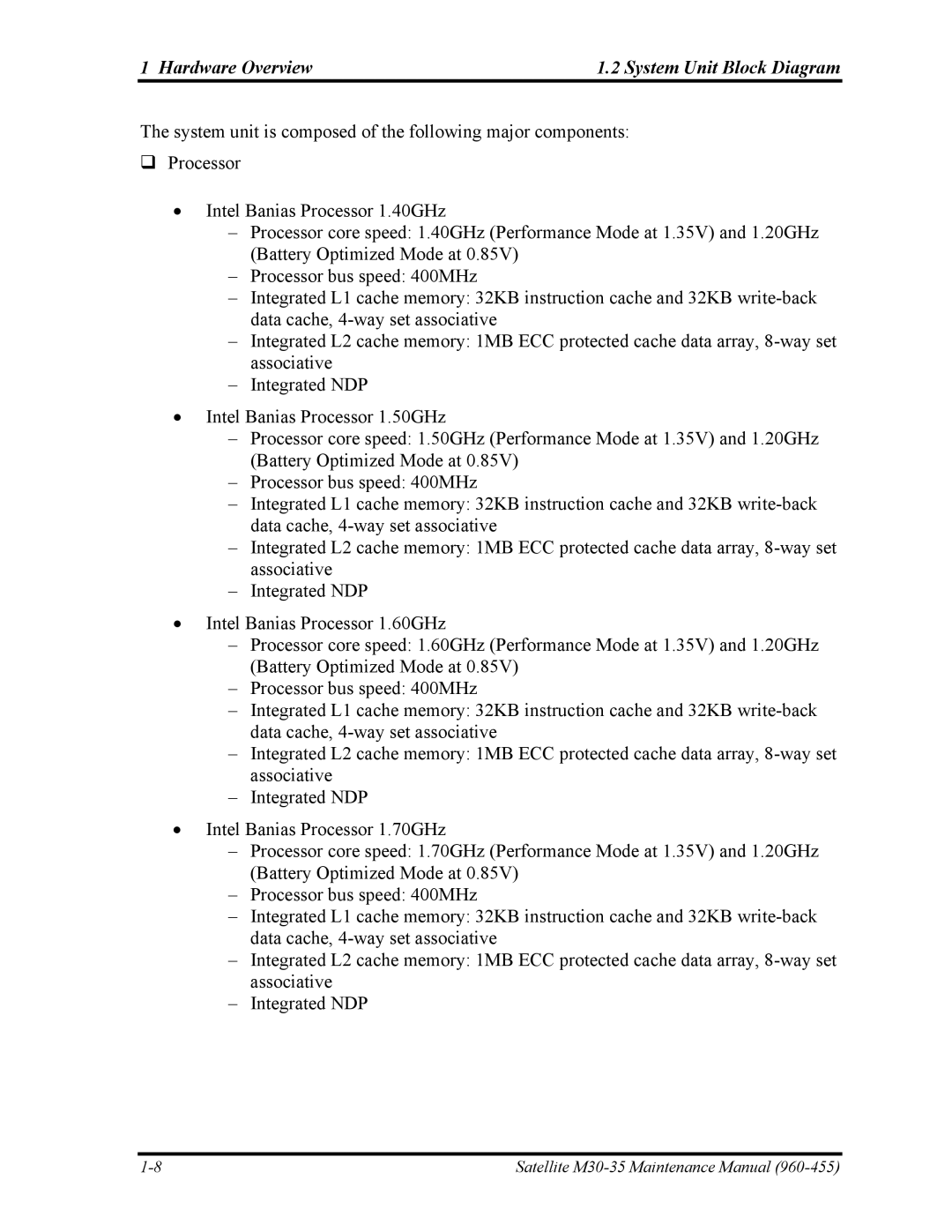 Toshiba M30-35 manual Hardware Overview System Unit Block Diagram 