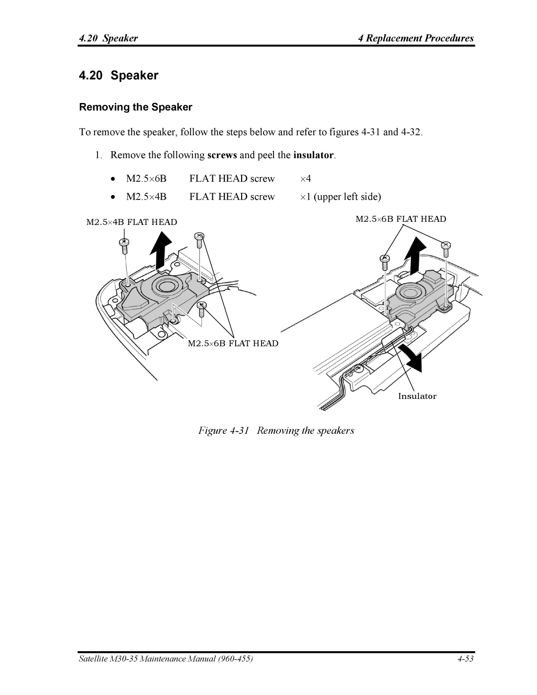 Toshiba M30-35 manual Speaker Replacement Procedures, Removing the Speaker 