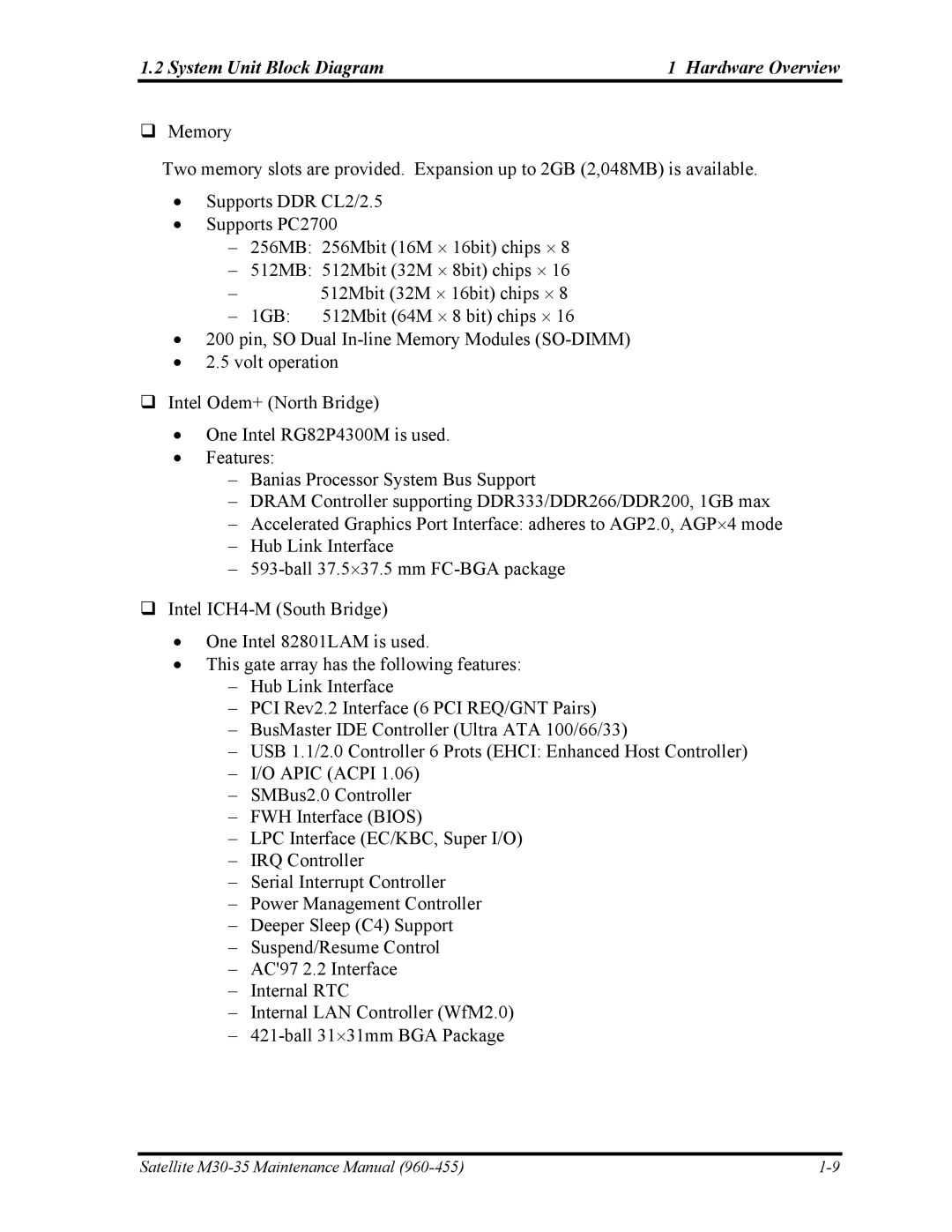 Toshiba M30-35 manual System Unit Block Diagram Hardware Overview 