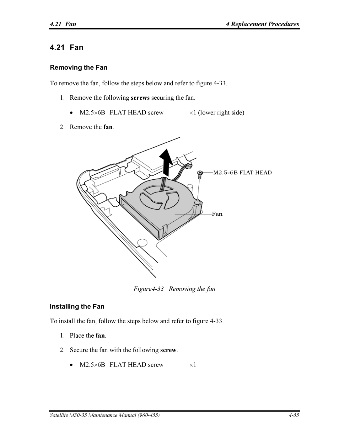 Toshiba M30-35 manual 21 Fan4 Replacement Procedures, Removing the Fan, Installing the Fan 