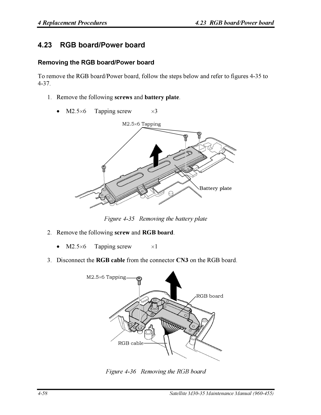 Toshiba M30-35 manual Replacement Procedures RGB board/Power board, Removing the RGB board/Power board 