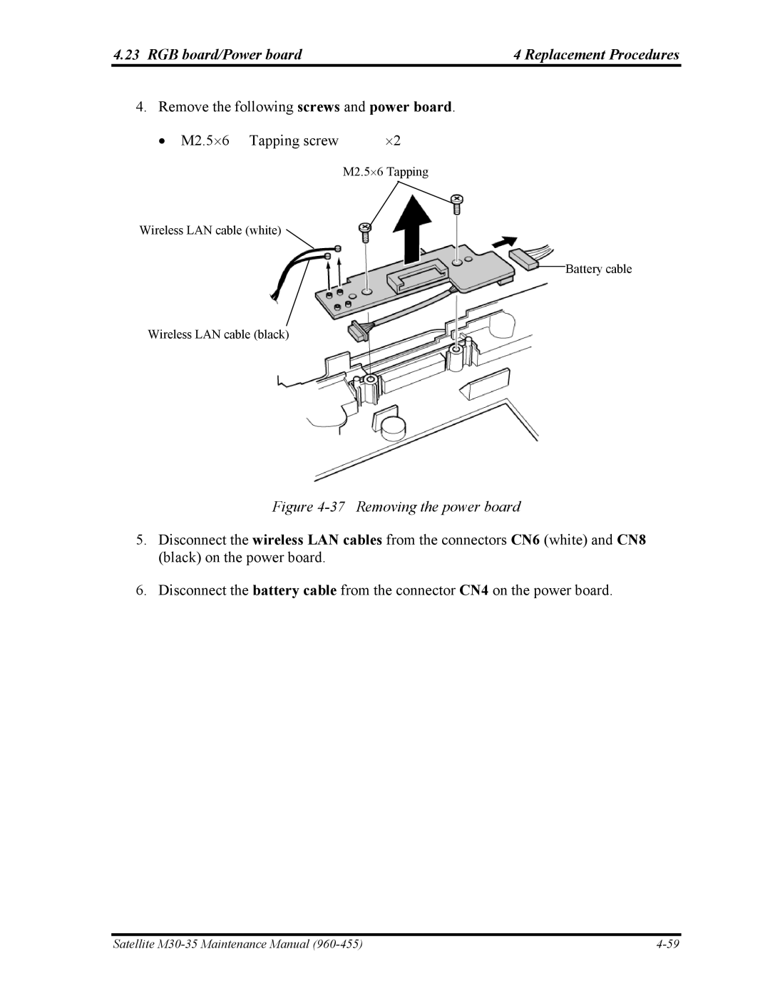 Toshiba M30-35 manual RGB board/Power board Replacement Procedures, Removing the power board 