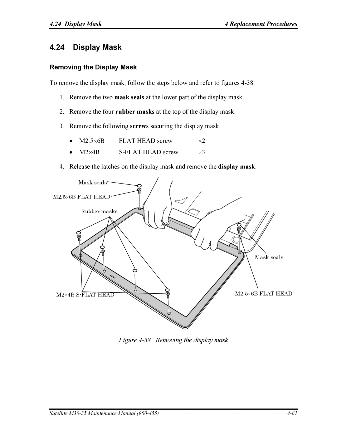 Toshiba M30-35 manual Display Mask Replacement Procedures, Removing the Display Mask 