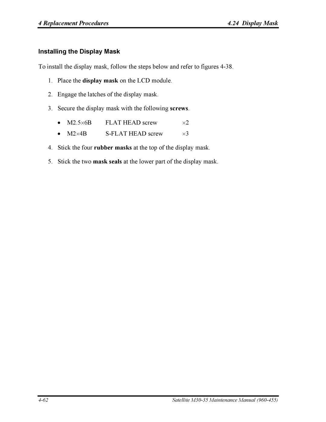 Toshiba M30-35 manual Replacement Procedures Display Mask, Installing the Display Mask 