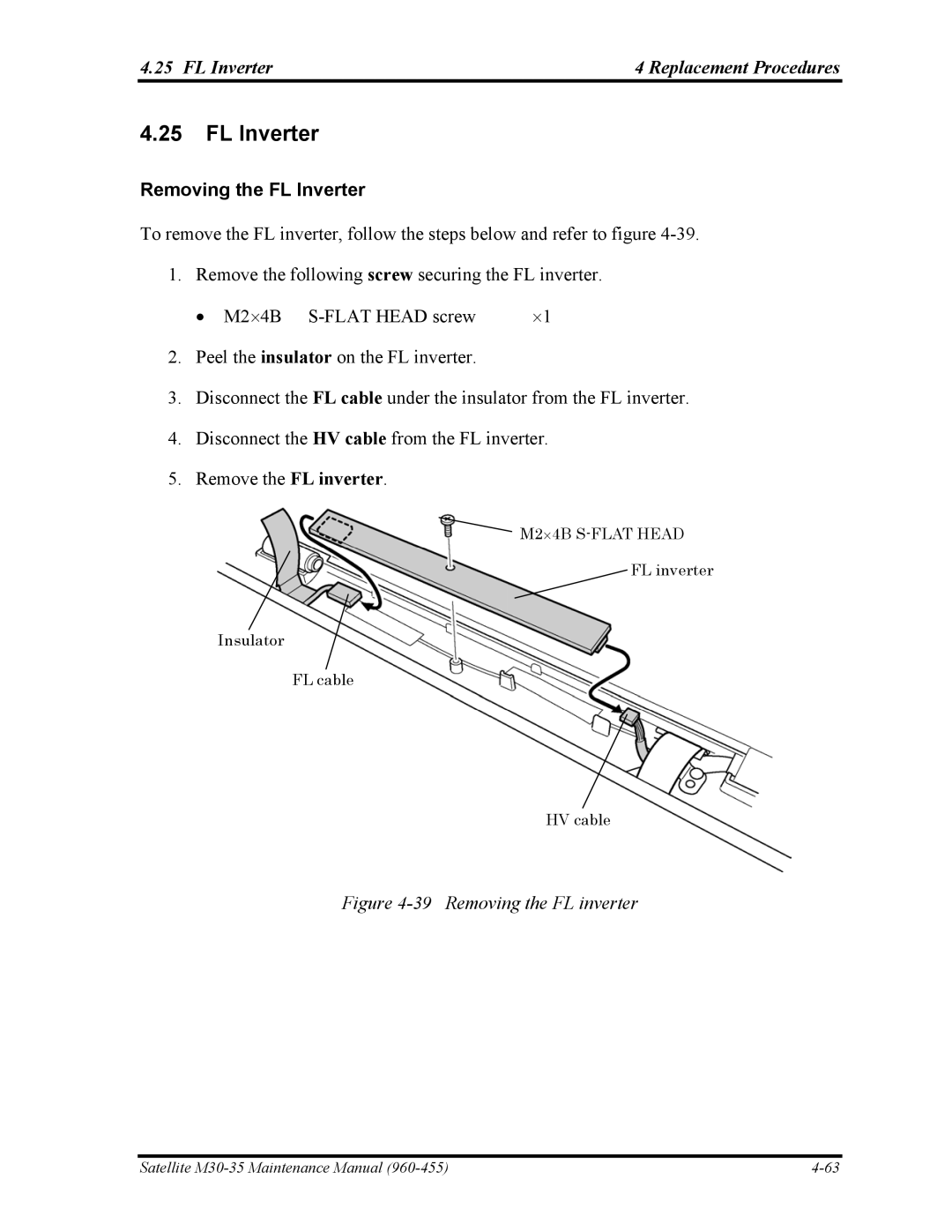 Toshiba M30-35 manual FL Inverter Replacement Procedures, Removing the FL Inverter 